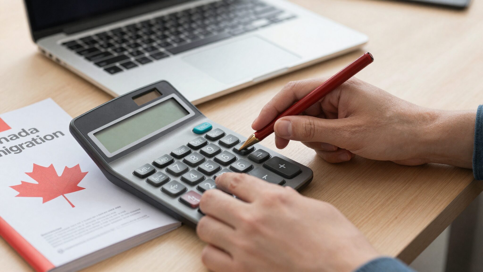 UK professional using calculator and laptop for Canada Express Entry CRS calculation