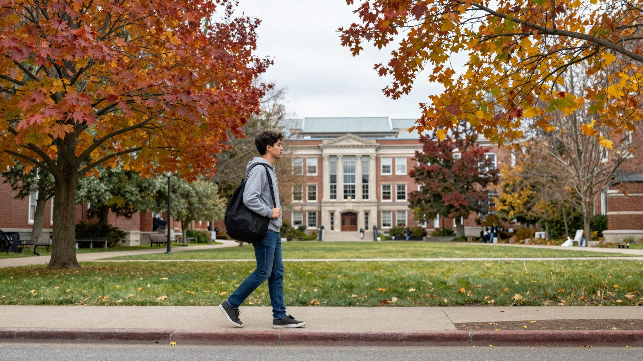 UK international student walking across Canadian university campus