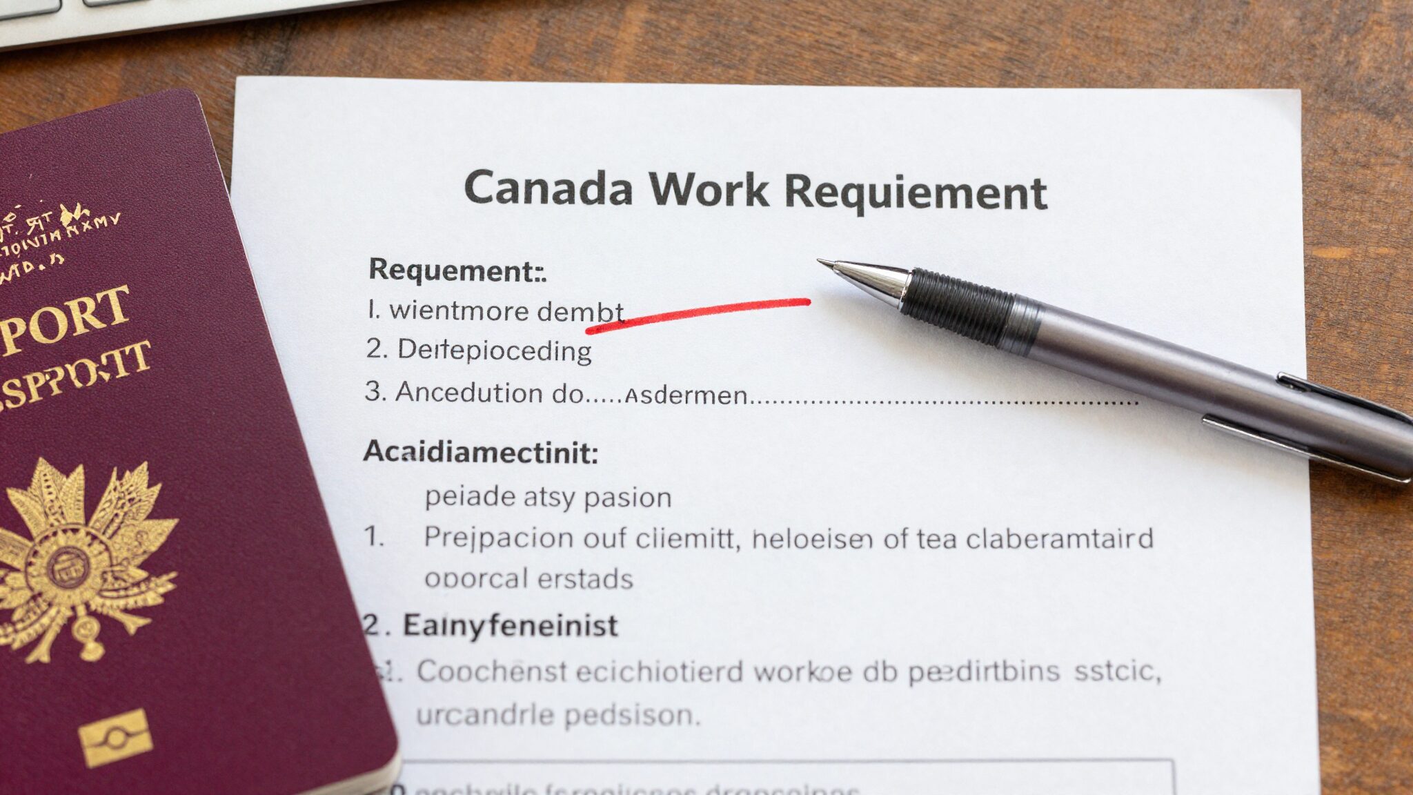UK passport on Canadian work permit requirements document with red pen