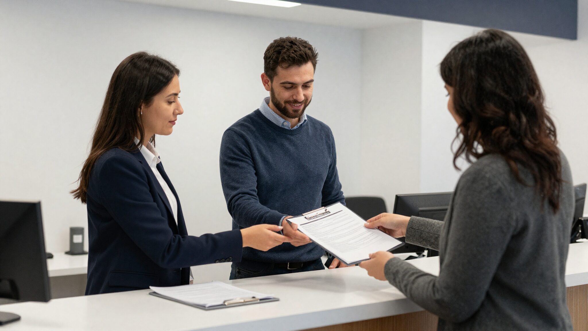 British couple handing in Canada work permit application at visa office counter