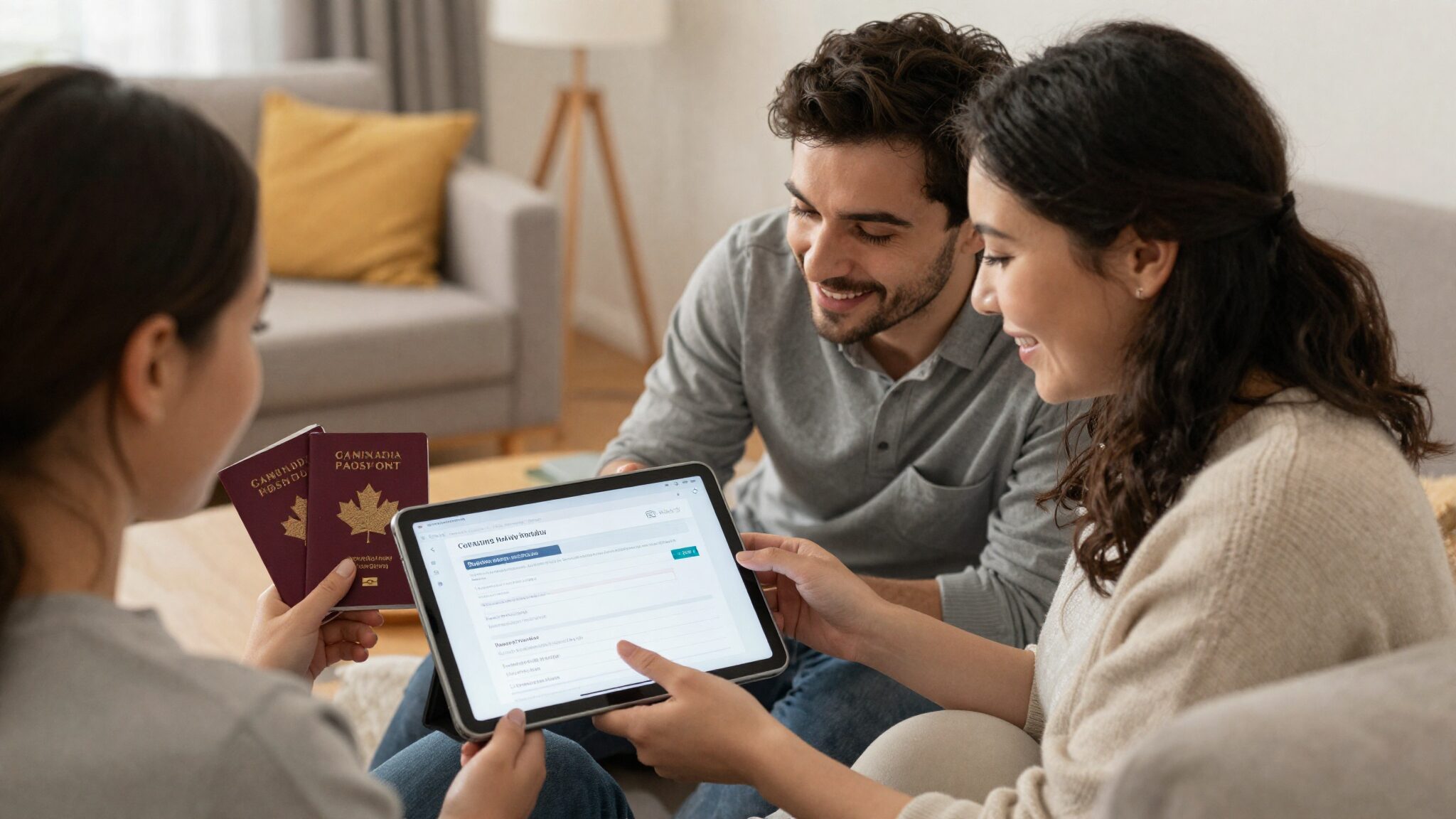 British couple at home preparing Canada IEC Working Holiday Visa application