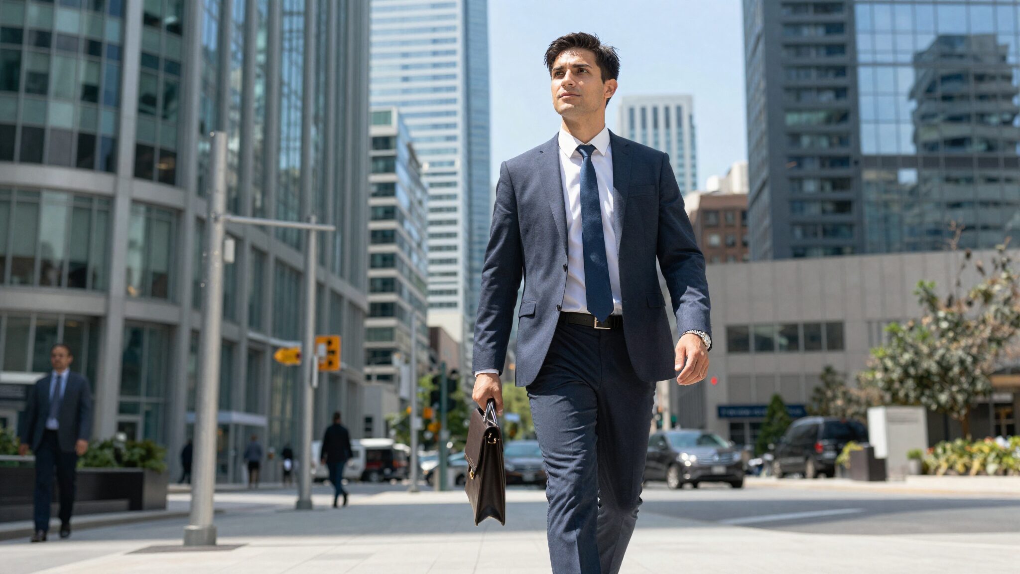 British professional walking through downtown Toronto financial district