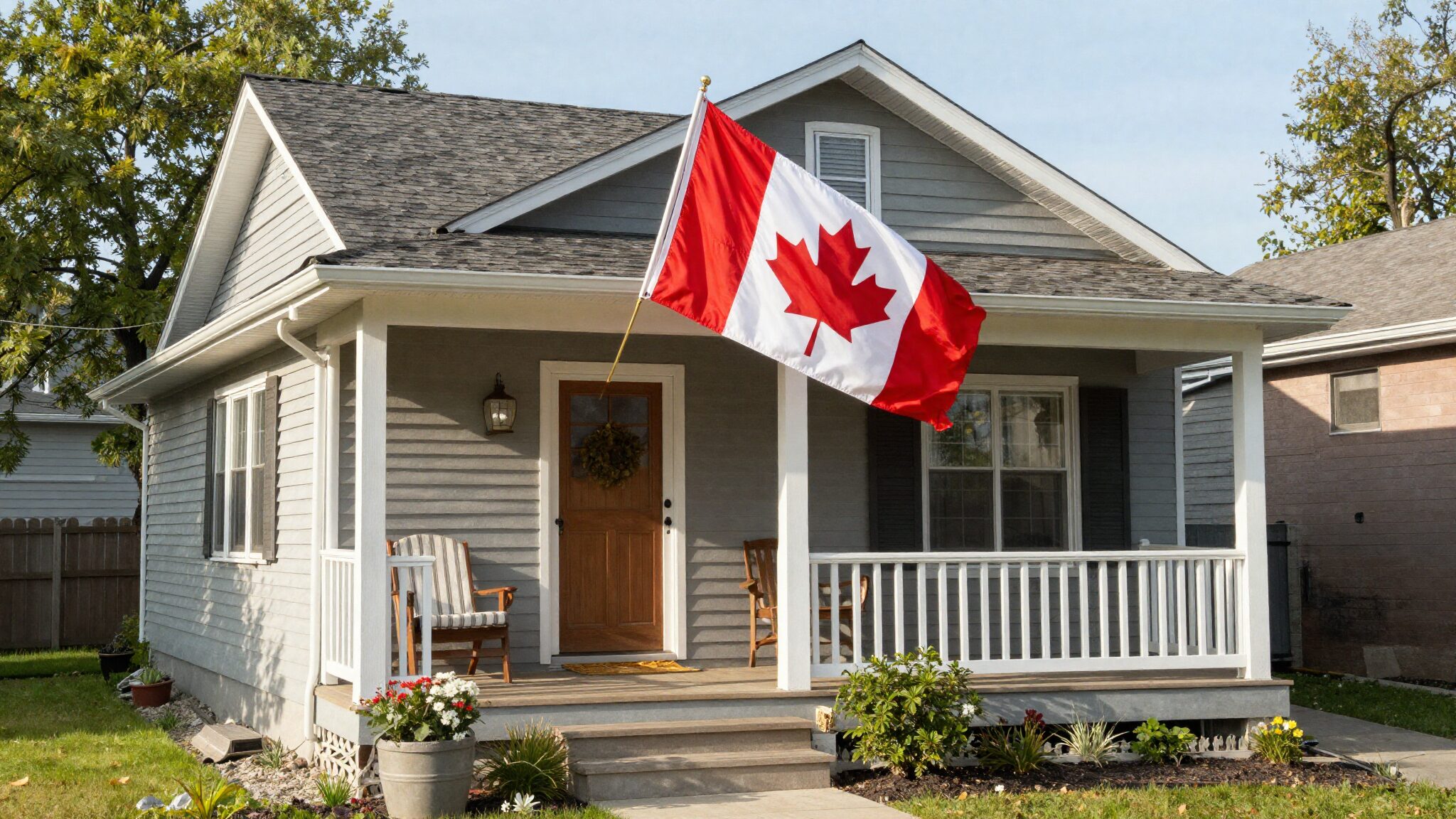 Canadian suburban home with maple leaf flag representing permanent move from UK to Canada