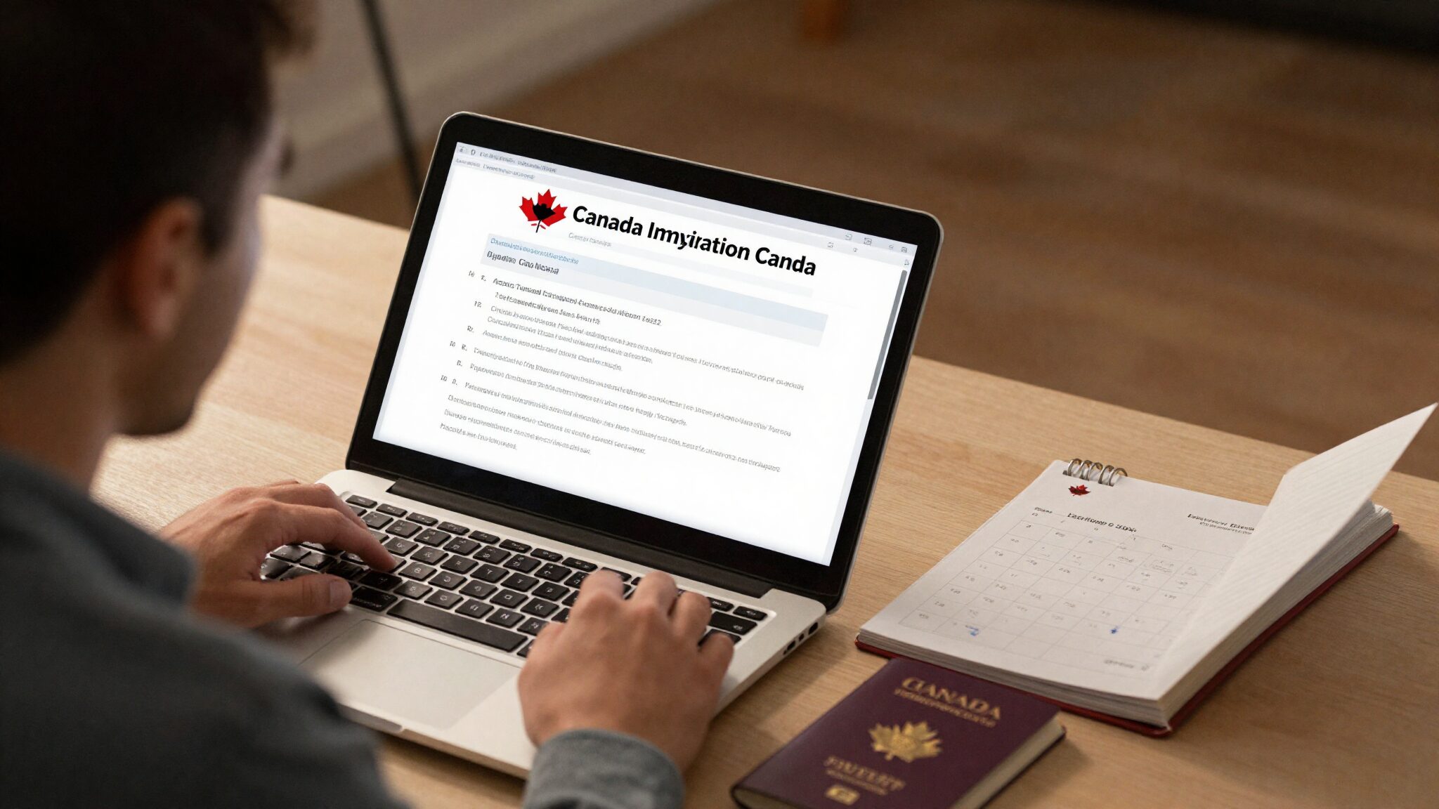 British man reviewing Canada immigration application on laptop