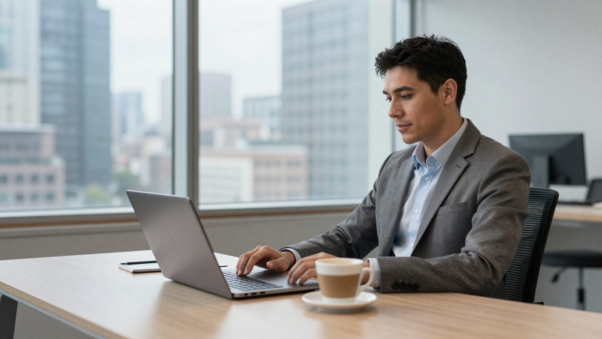 British professional at modern Canadian office desk with city view