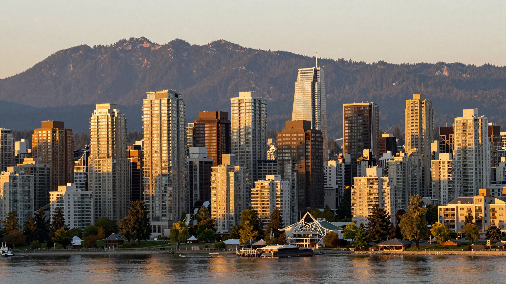 Vancouver skyline with Stanley Park and mountains