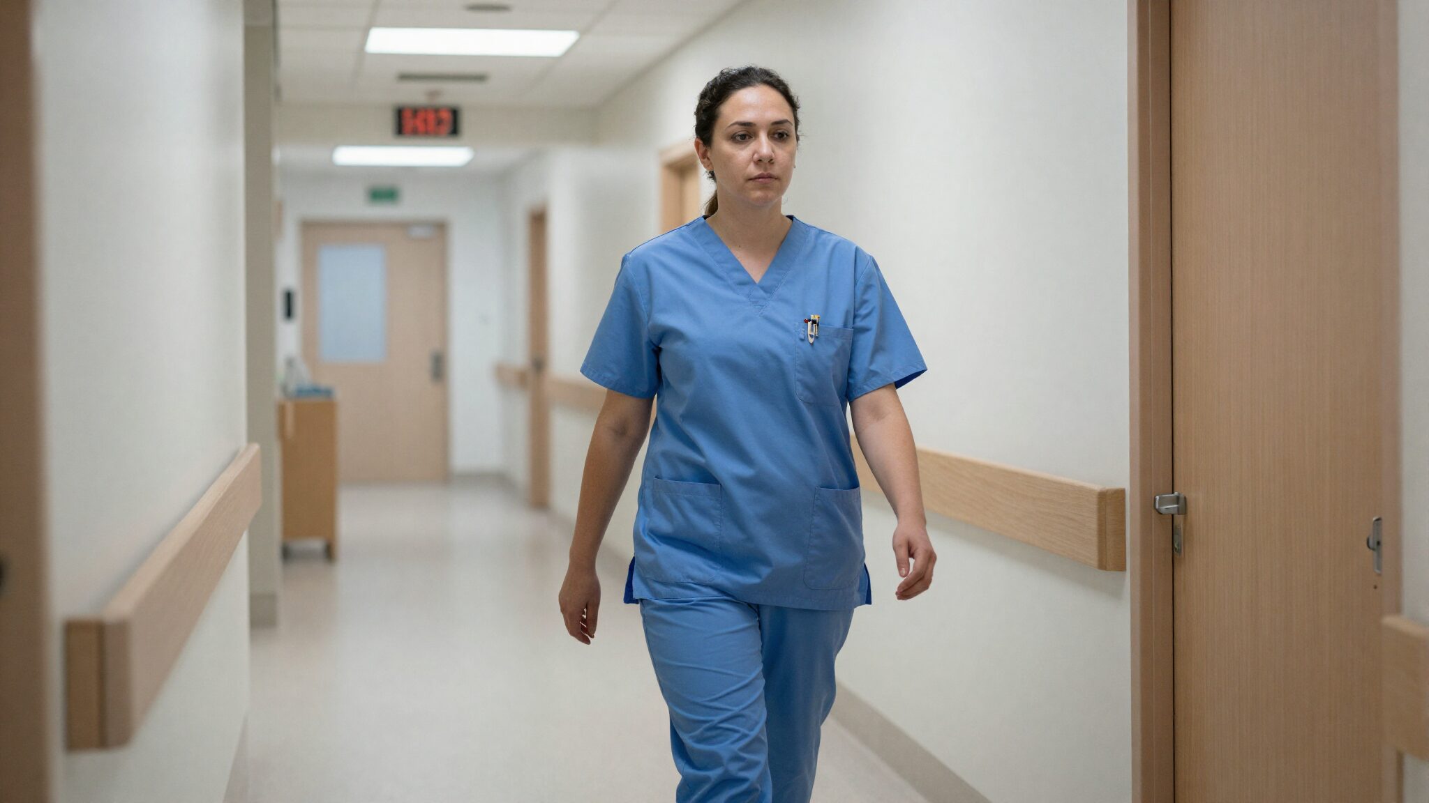 British nurse in scrubs walking through Canadian hospital corridor