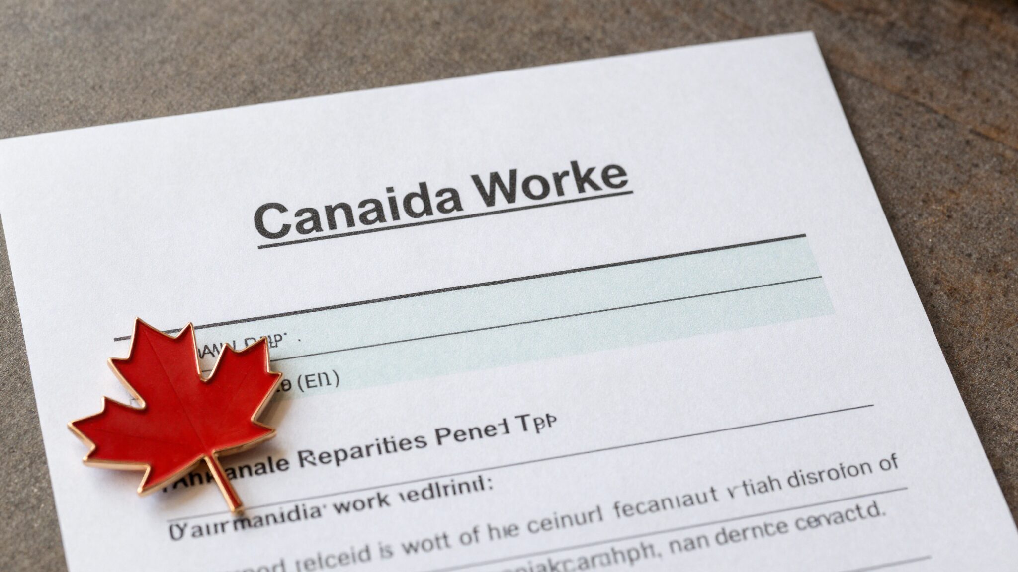 Canadian Open Work Permit document on desk with maple leaf