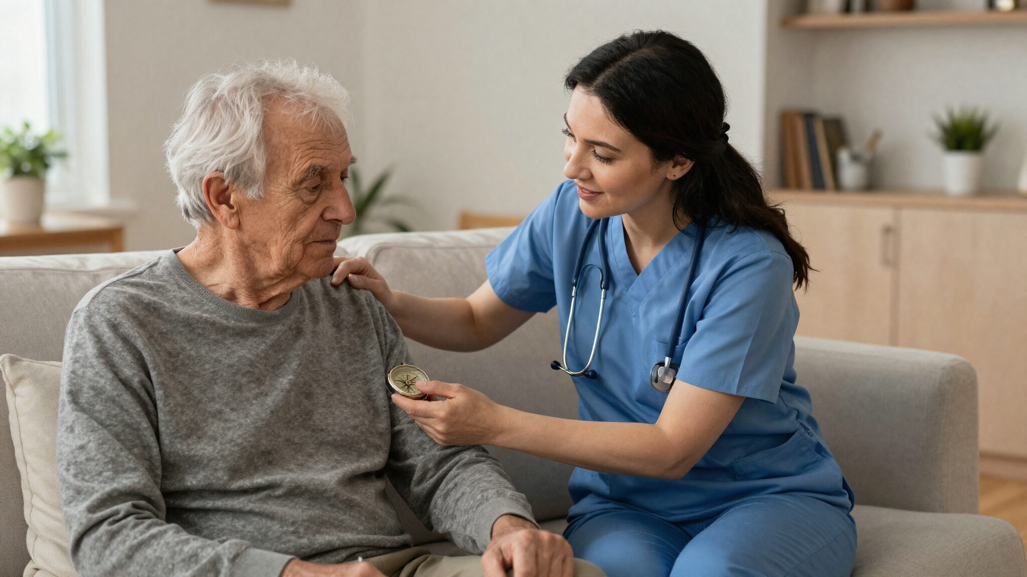 Professional UK caregiver assisting senior in Canadian home