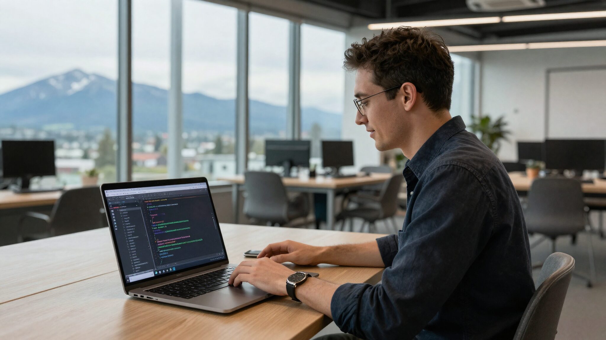 British IT professional in Vancouver coworking space with mountain view