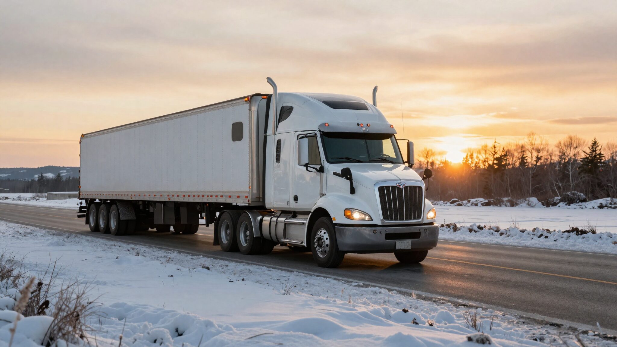 Canadian long-haul truck driver in cab on Trans-Canada Highway