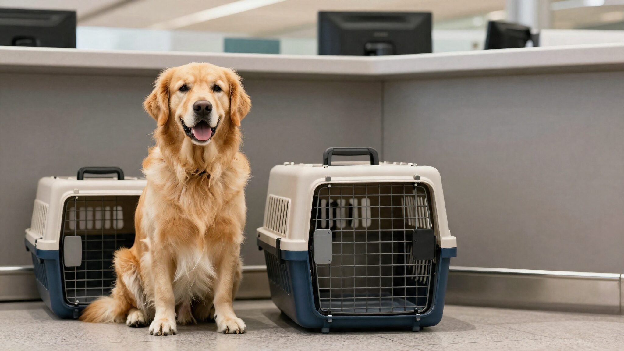 Golden retriever next to IATA-approved pet travel crate at airport