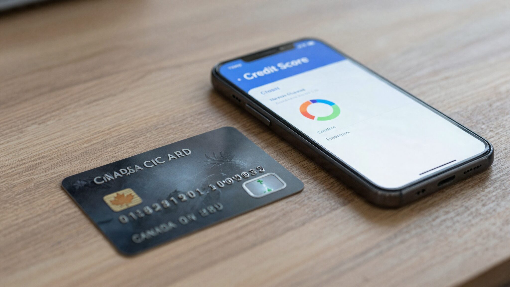 Canadian credit card and smartphone displaying credit score dashboard