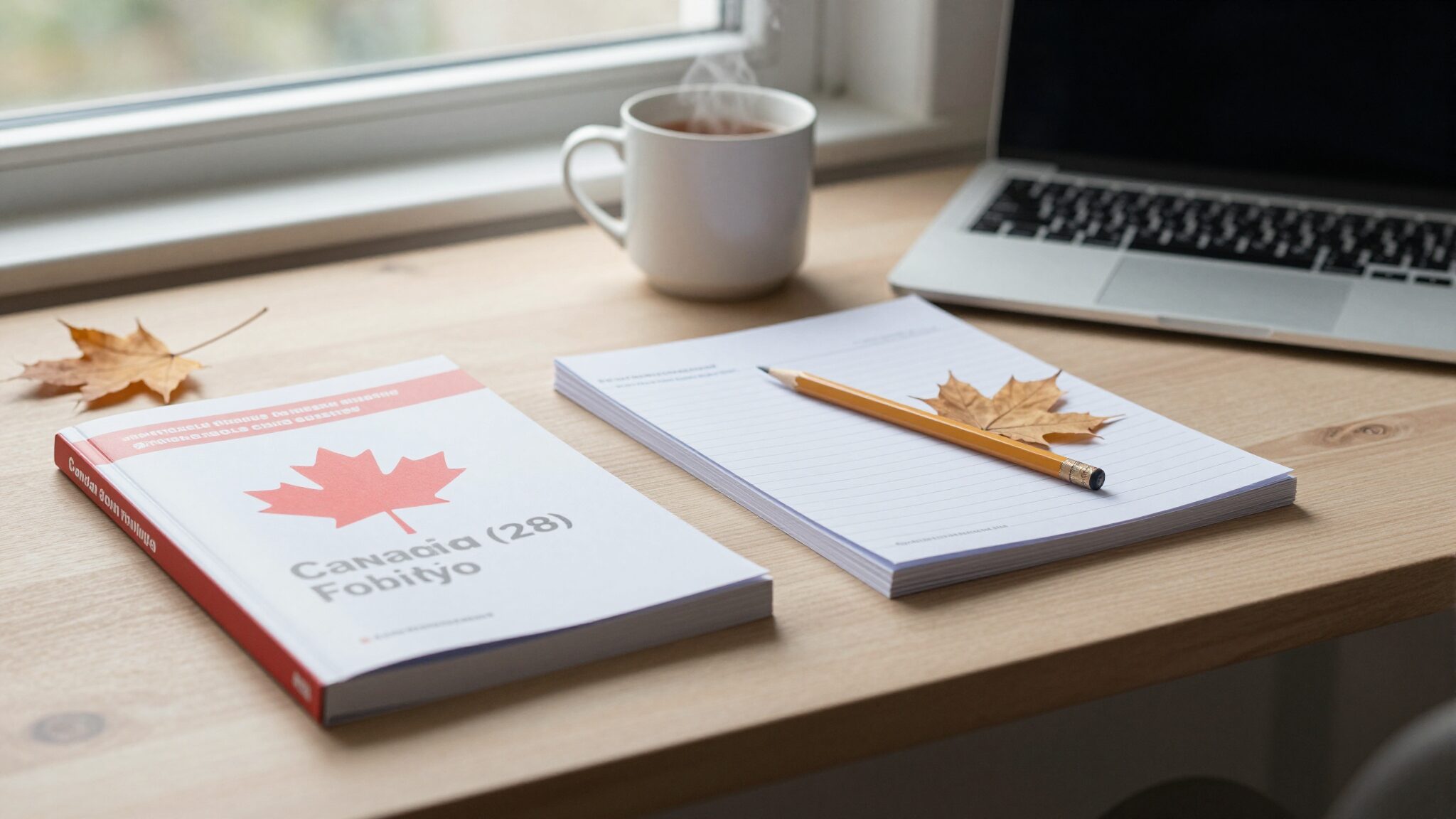 UK applicant studying for the Canada citizenship test at a tidy desk with the Discover Canada guide