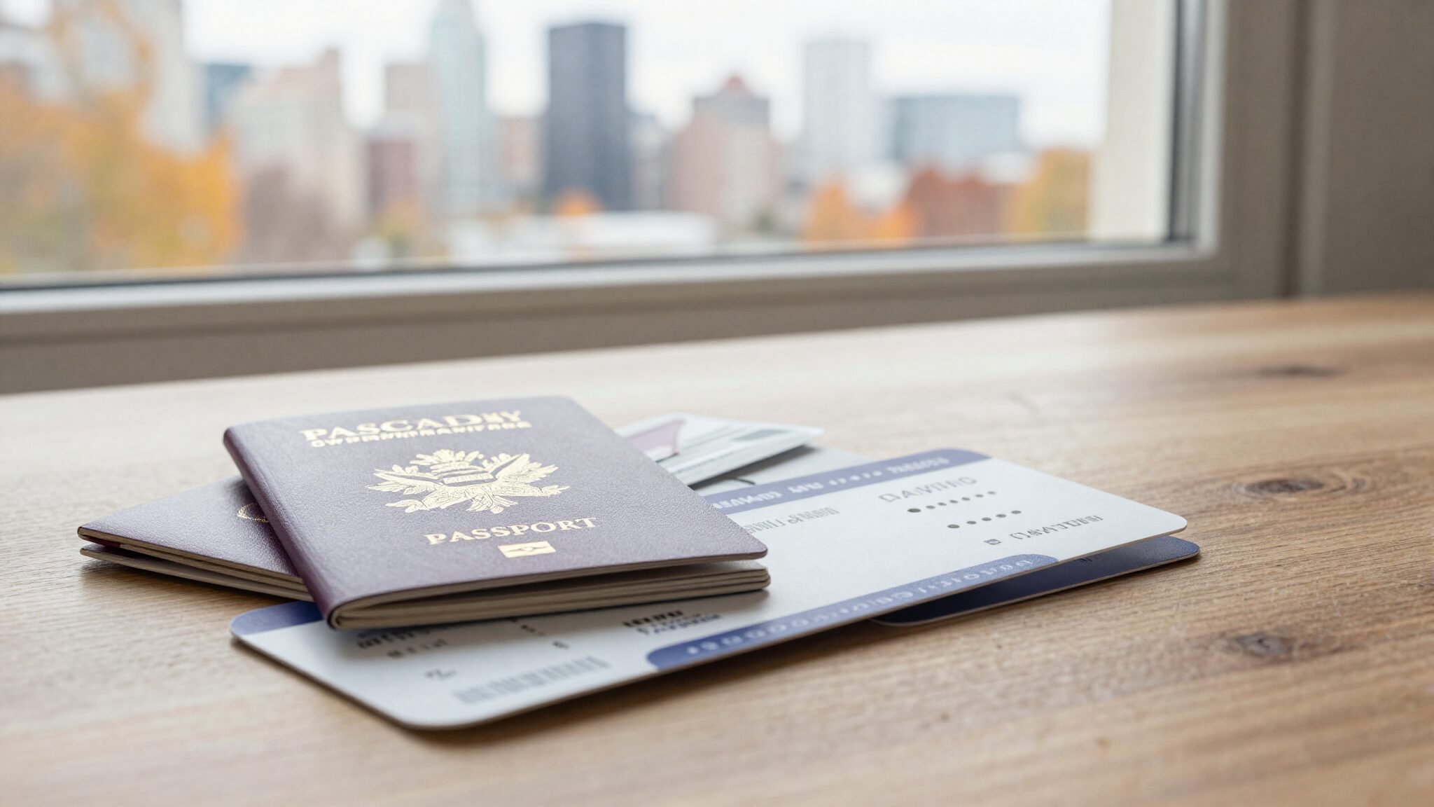 Canada Super Visa documents and a British passport on a table with a Canadian city skyline