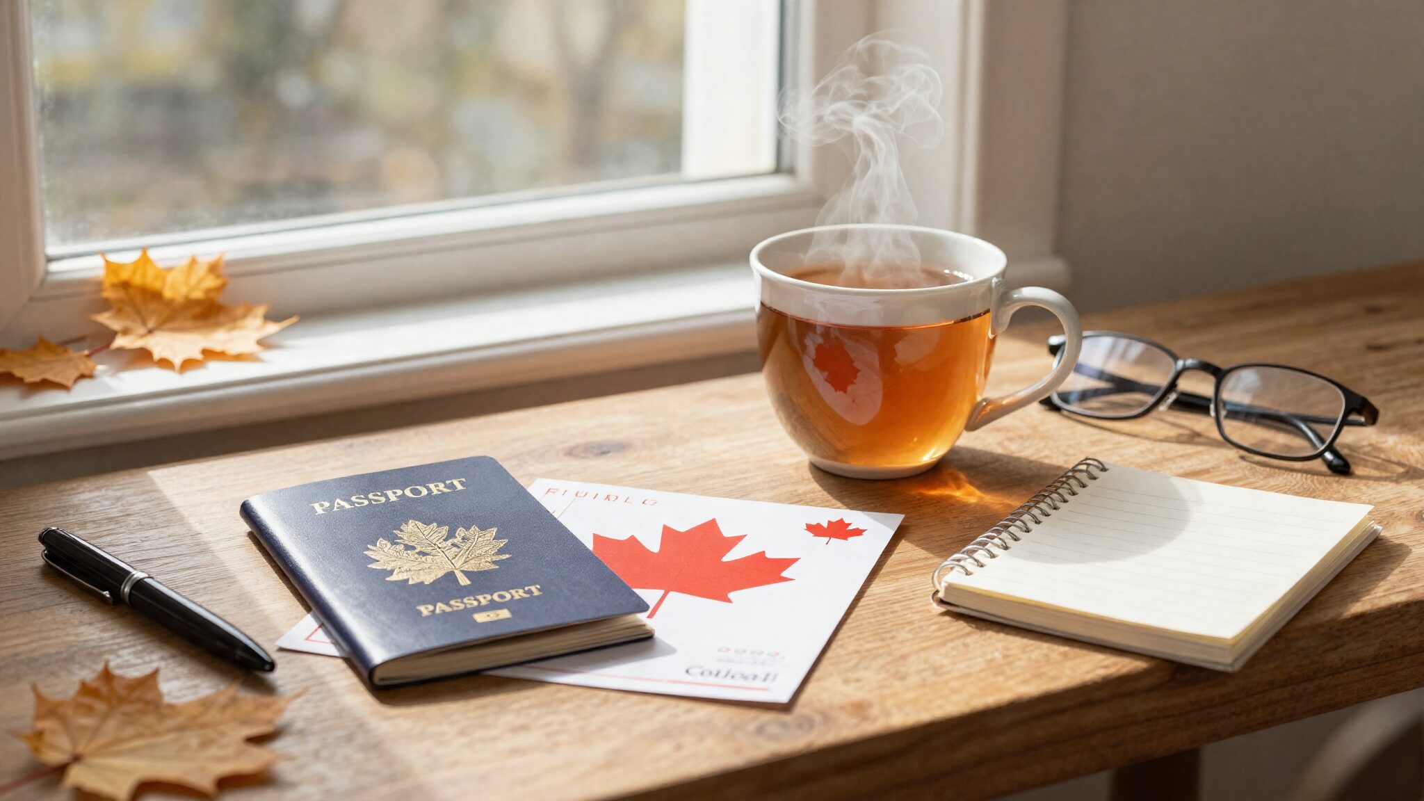 Canada Super Visa from the UK — British passport with a Canadian maple leaf postcard on a sunlit table