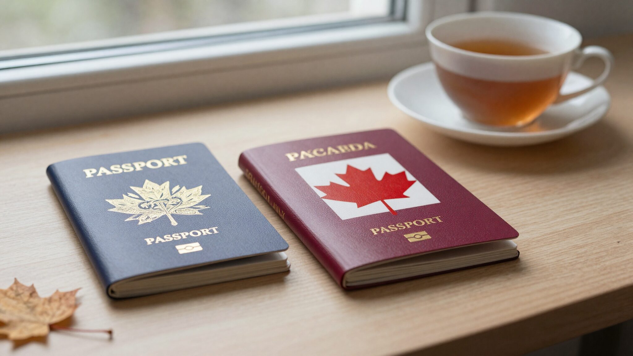 British passport and Canadian passport side by side on a desk, dual citizenship UK Canada
