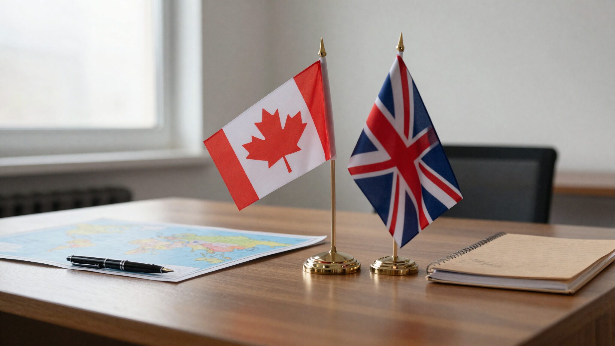 Canadian maple-leaf flag and British Union flag on a desk, representing dual citizenship between the UK and Canada