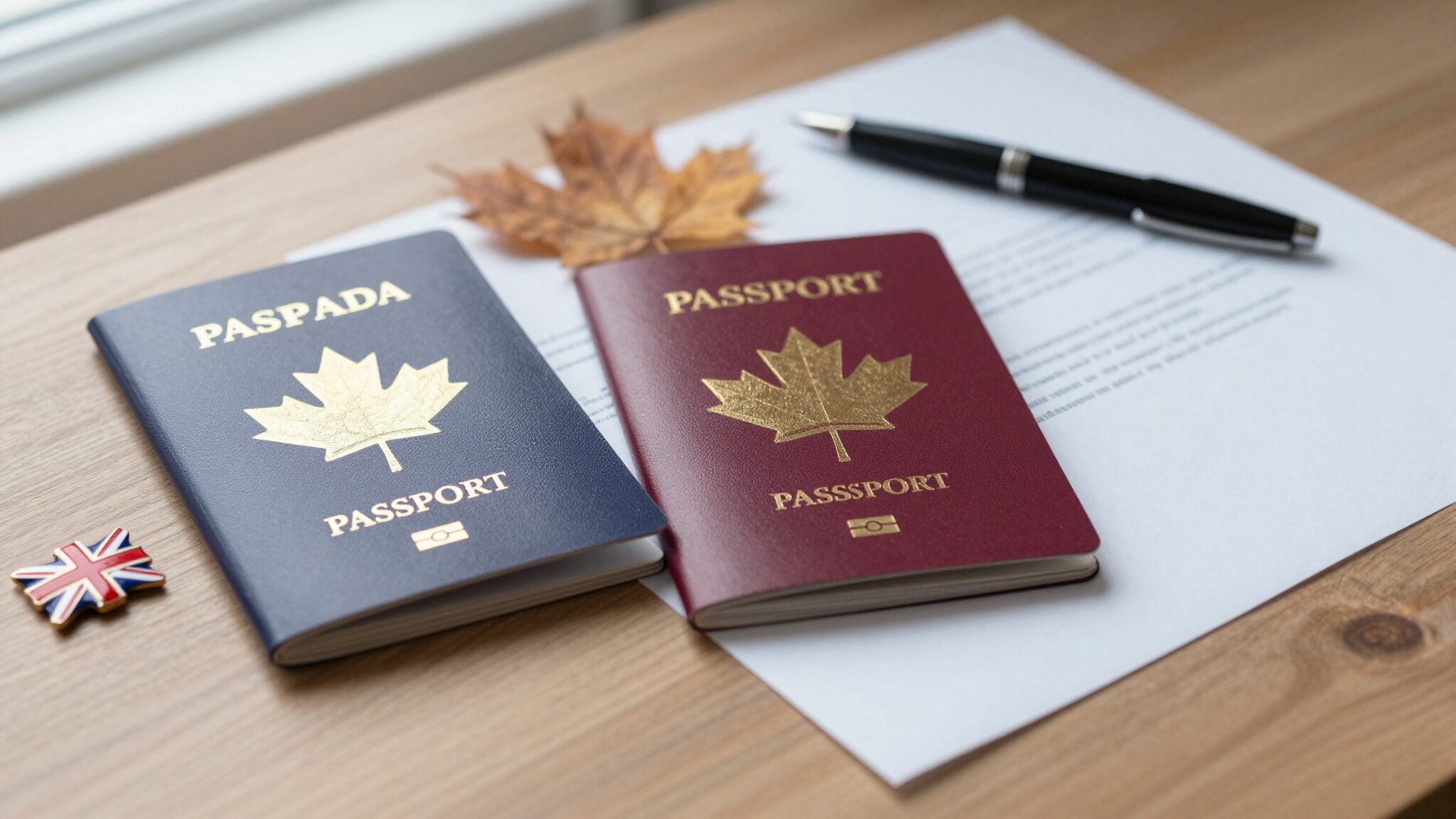 Dual citizenship UK Canada concept: a British passport and a Canadian passport side by side with a maple leaf on a desk