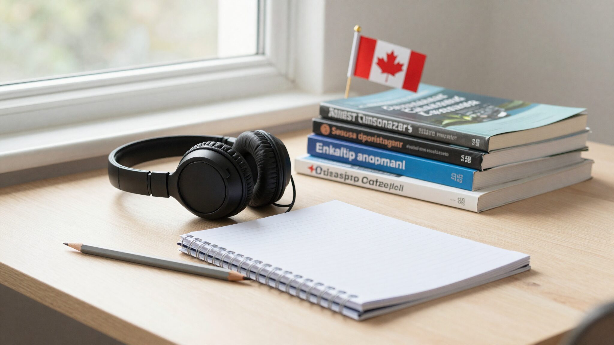 Study desk with headphones, pencil and English textbooks for IELTS for Canada immigration preparation by UK applicants