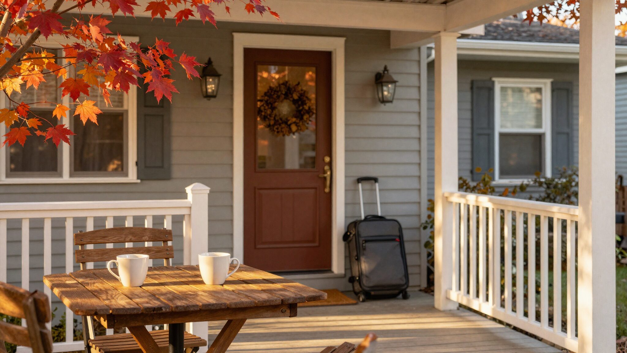 Moving to Canada from the UK over 40 - autumn porch of a Canadian home with a packed suitcase by the door