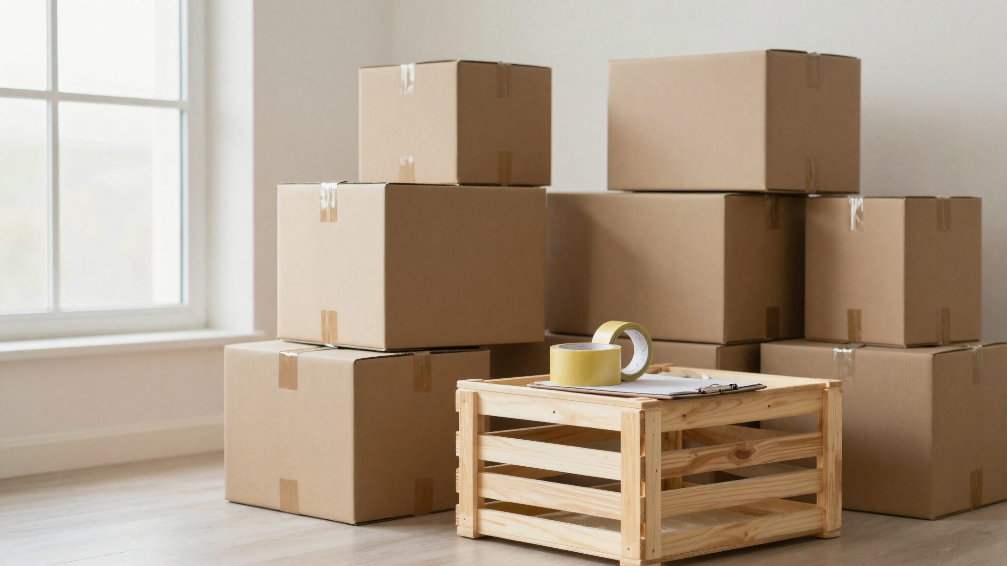 Stacked moving boxes and shipping crate for shipping belongings from the UK to Canada