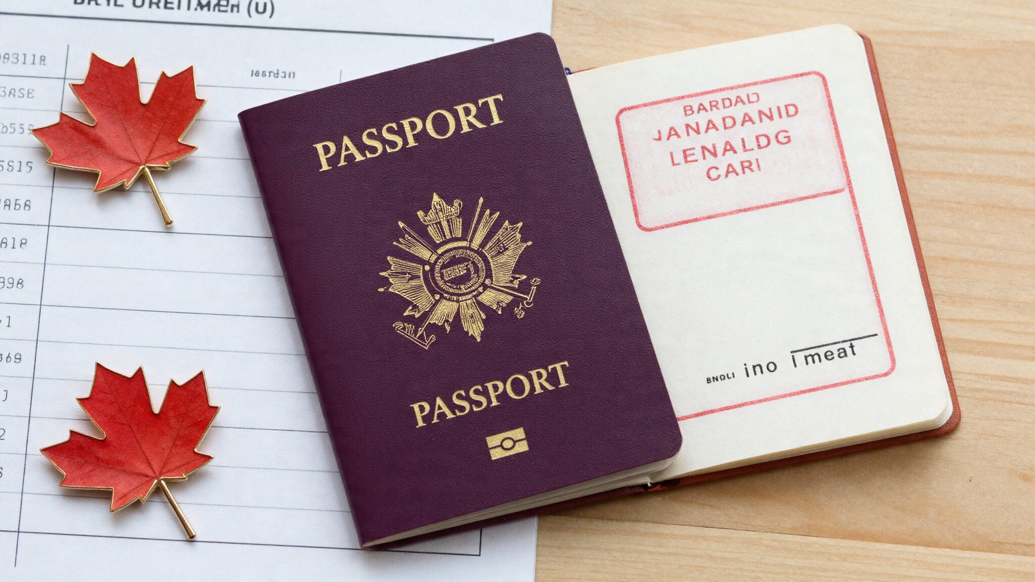 UK passport with Canadian arrival stamp and moving checklist
