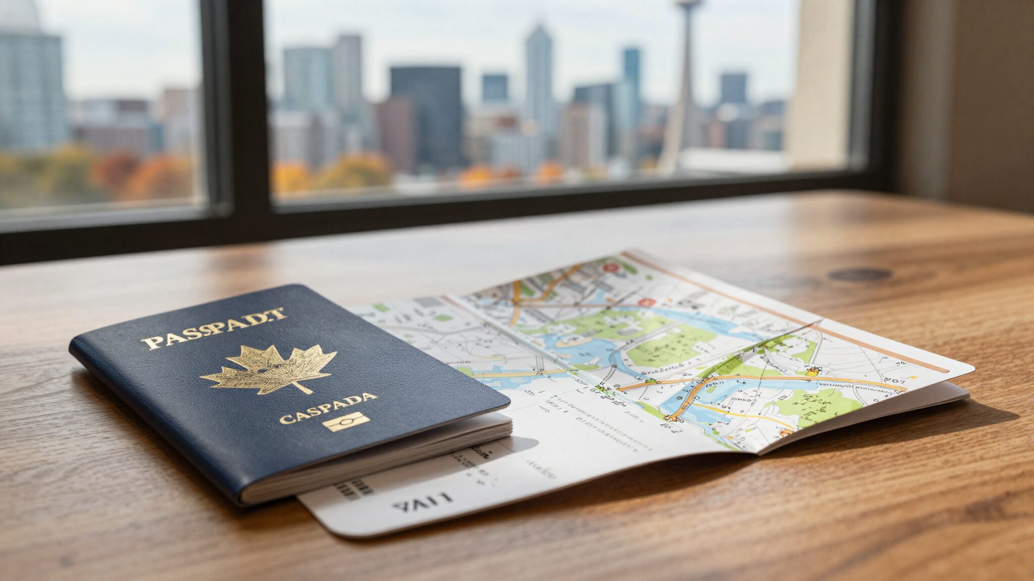WES ECA documents for a UK degree beside a Canadian passport on a desk overlooking the Toronto skyline