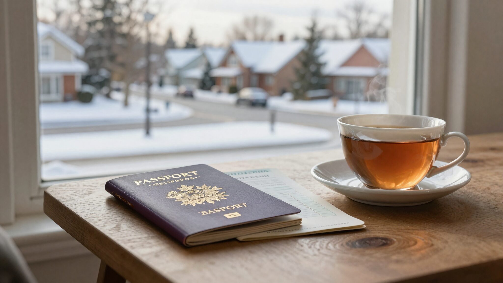 Alberta Provincial Nominee Program documents and a British passport by a snowy Canadian street