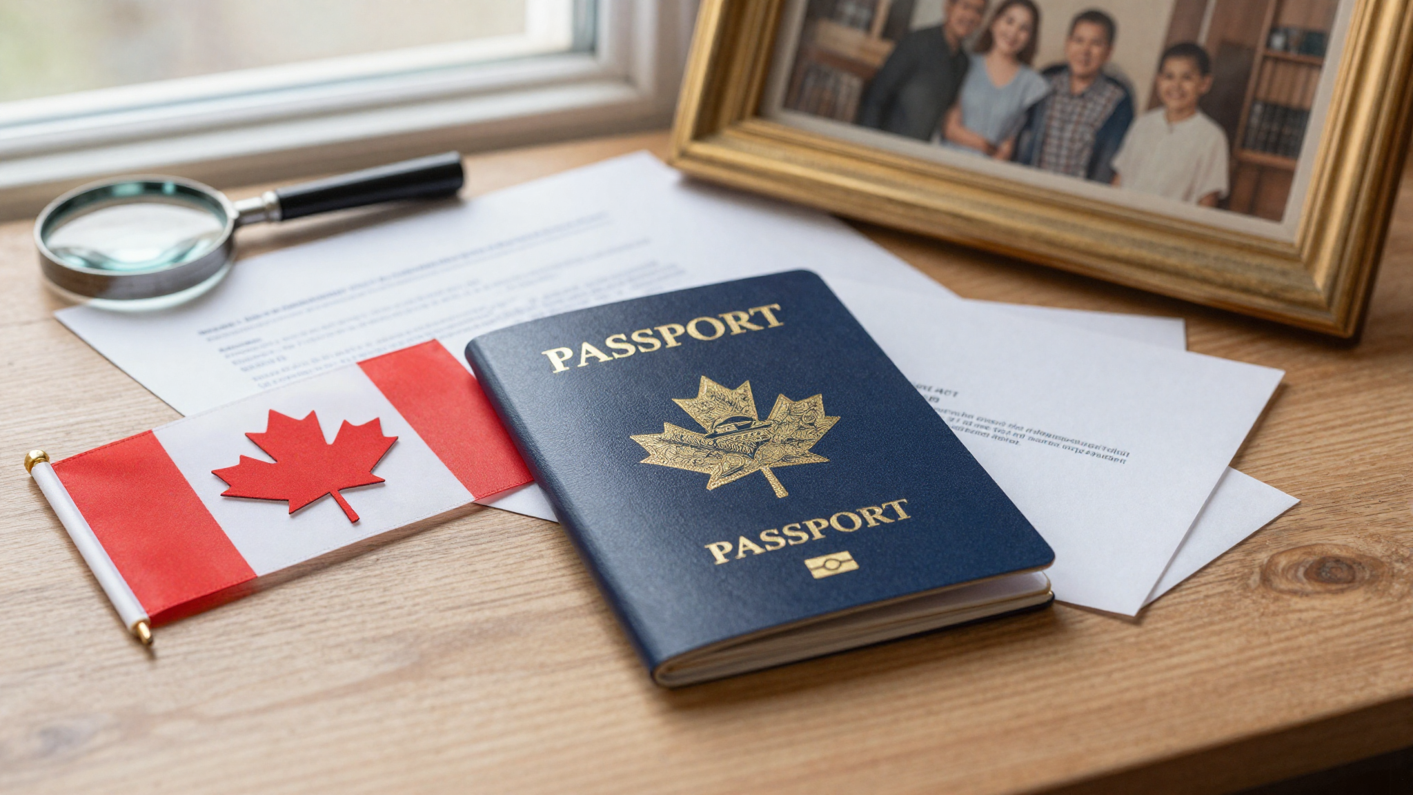 British passport and Canadian flag pin with family documents illustrating Canadian citizenship by descent for UK applicants