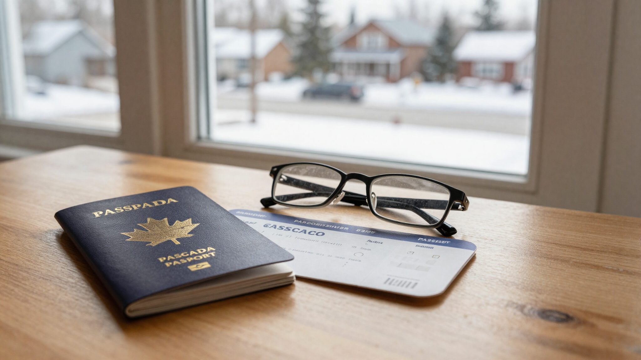 Canadian passport and boarding pass by a window, illustrating a Canada Express Entry draw application from the UK
