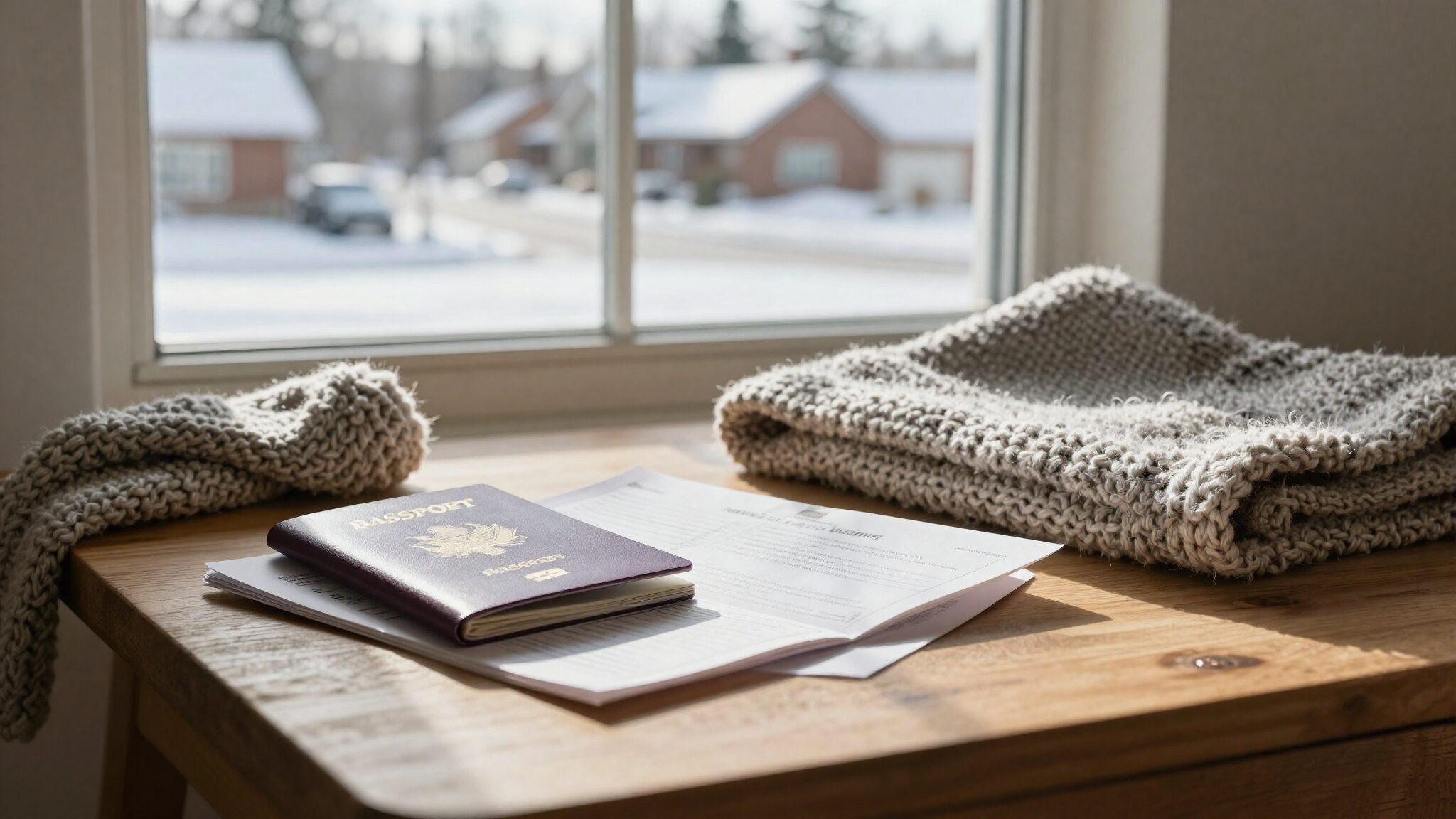 Passport and travel documents by a window overlooking a snowy Canadian street, illustrating a Canada super visa application from the UK
