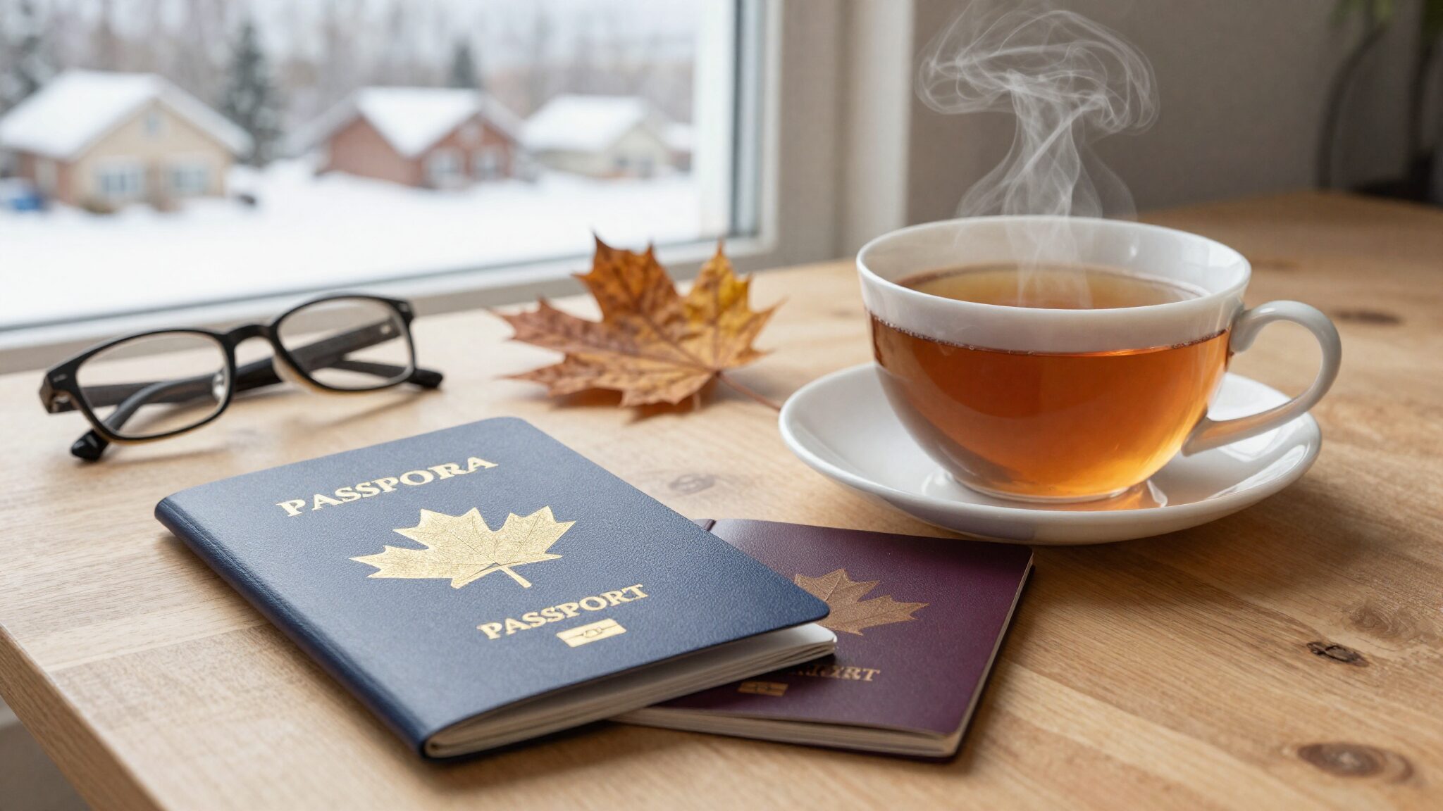 Canada Super Visa from the UK: Canadian and UK passports on a table by a snowy window