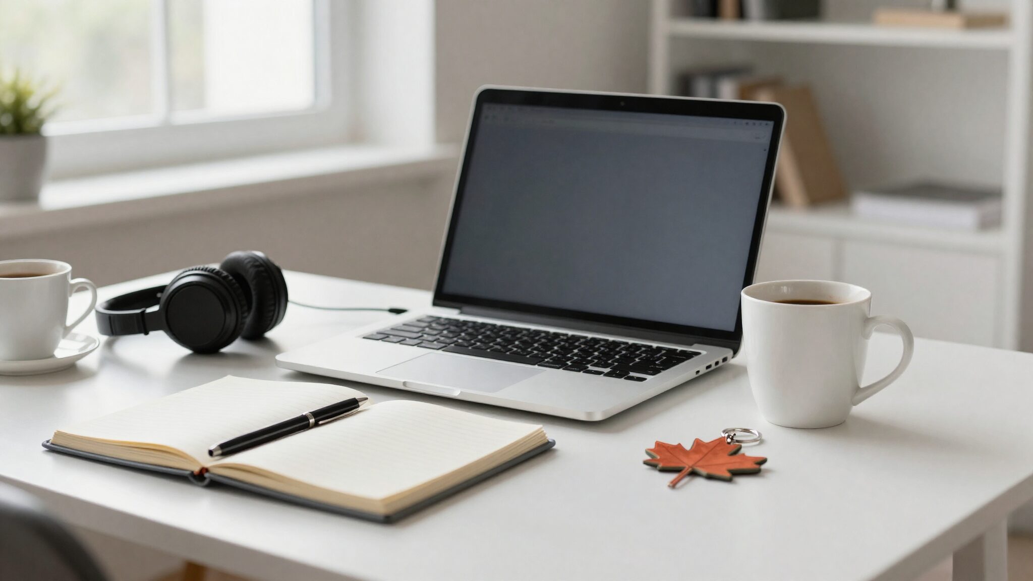 Desk setup with headphones and laptop used to prepare for CELPIP vs IELTS English tests for Canada immigration from the UK