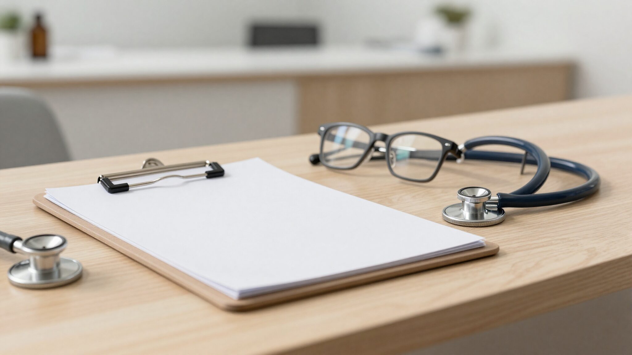 Provincial health card, clipboard and stethoscope on a desk illustrating whether healthcare is free in Canada for UK newcomers