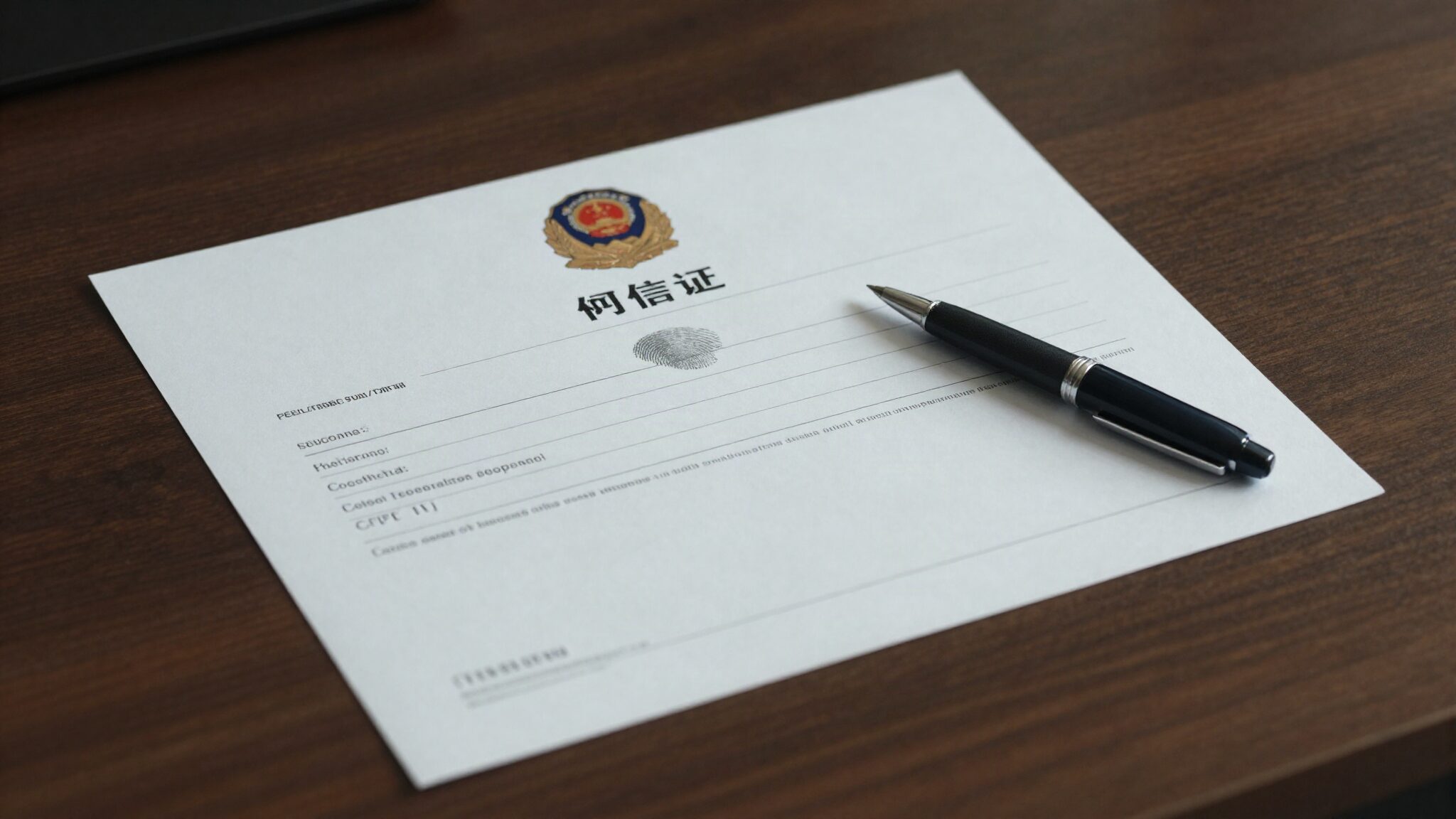 Police certificate for Canada, fingerprint form and pen on a desk for a UK immigration application