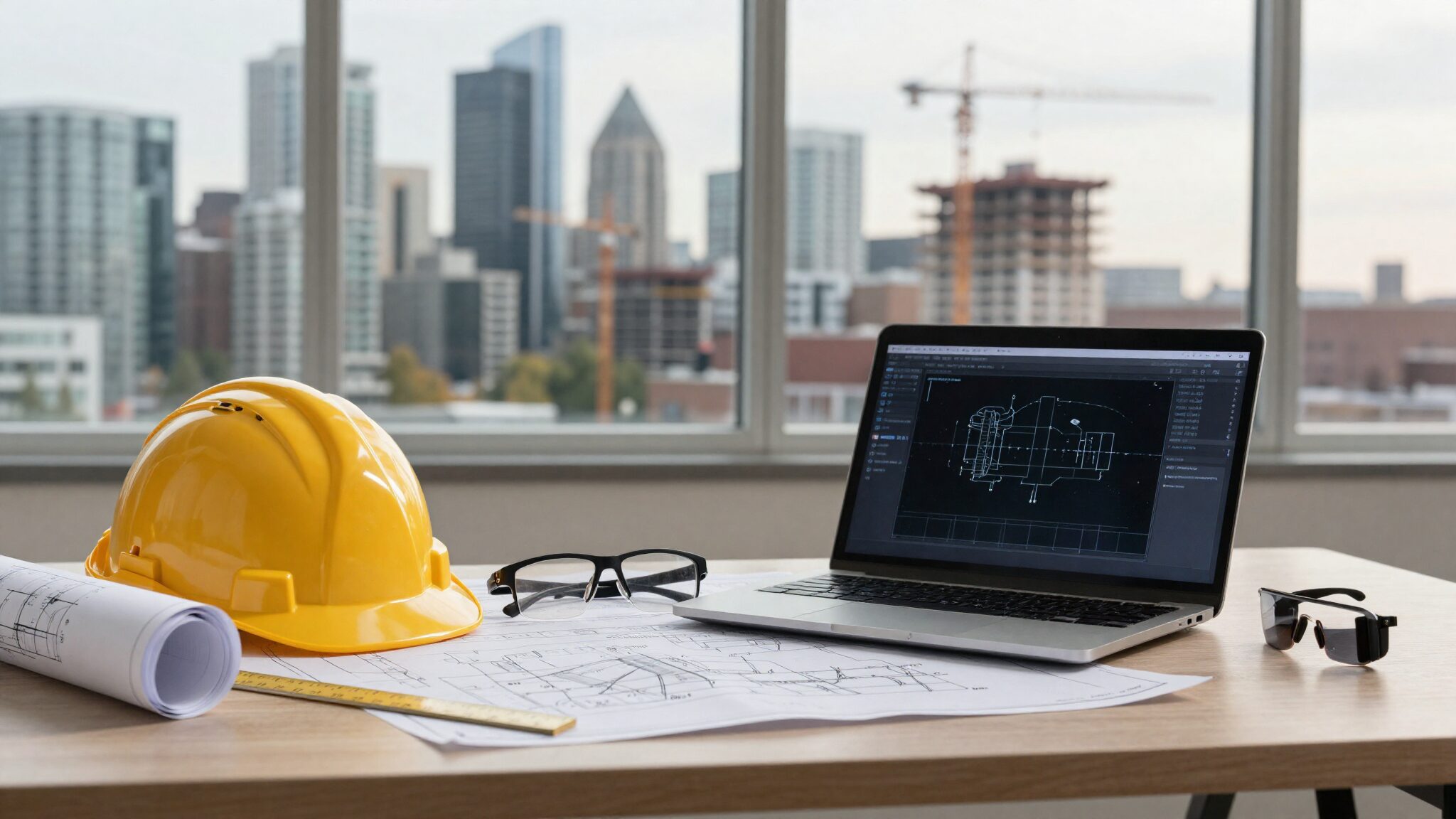 Engineer desk in Canada with hard hat, blueprints and laptop overlooking a city skyline with construction cranes