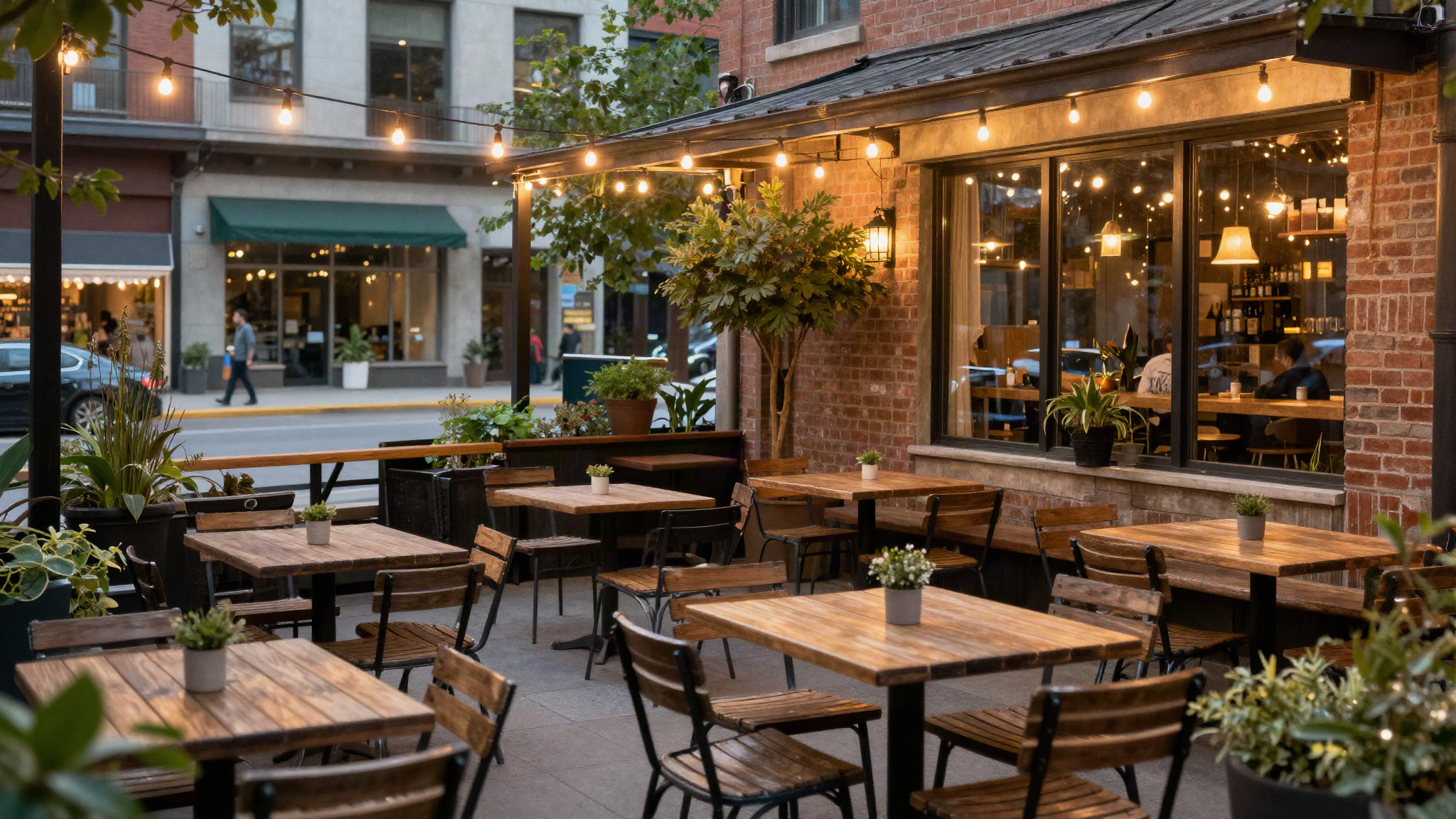 Outdoor cafe patio with string lights in a Canadian city representing British expat communities in Canada