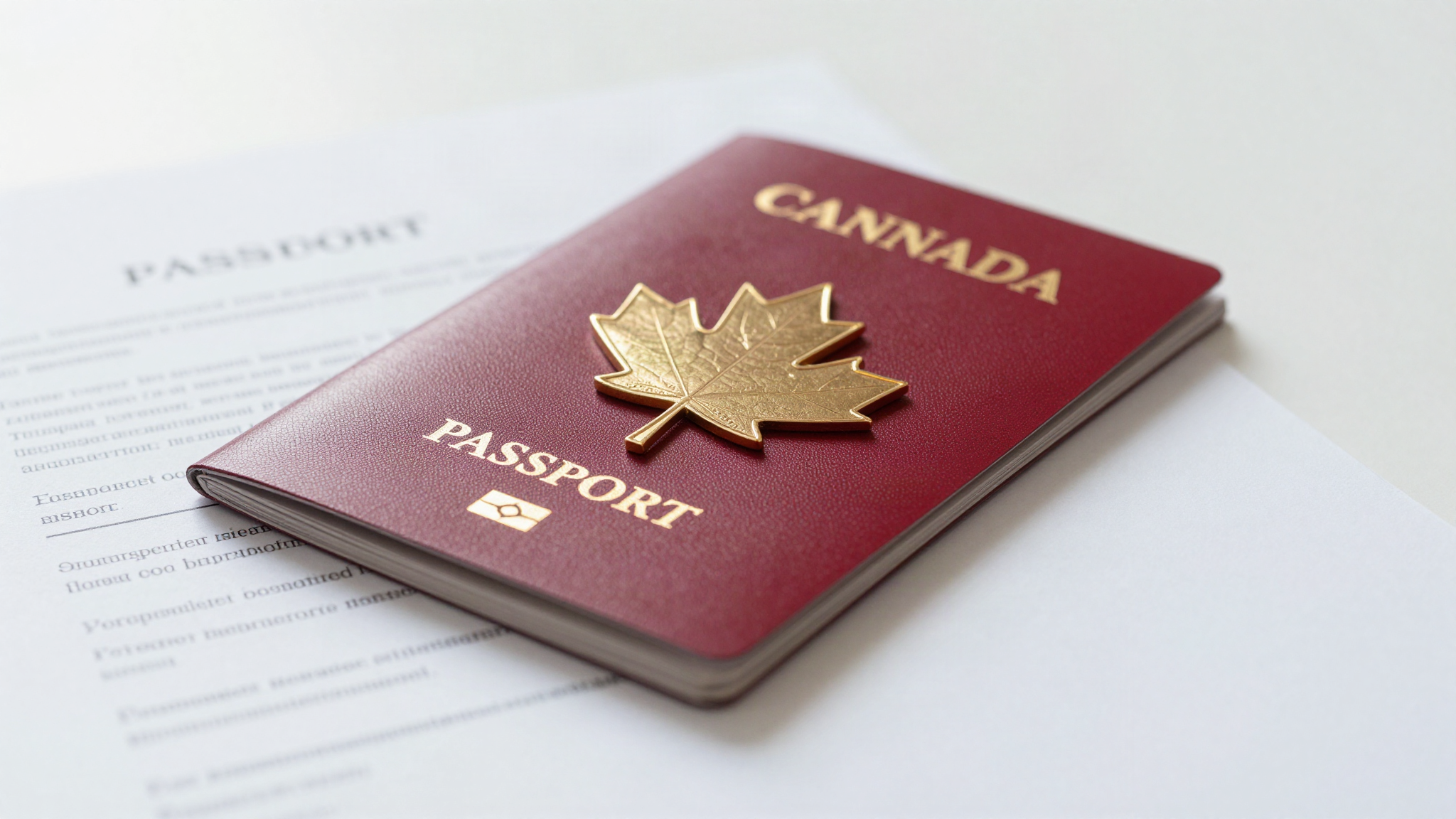 Canadian passport and maple leaf pin on official documents representing a Canada citizenship application