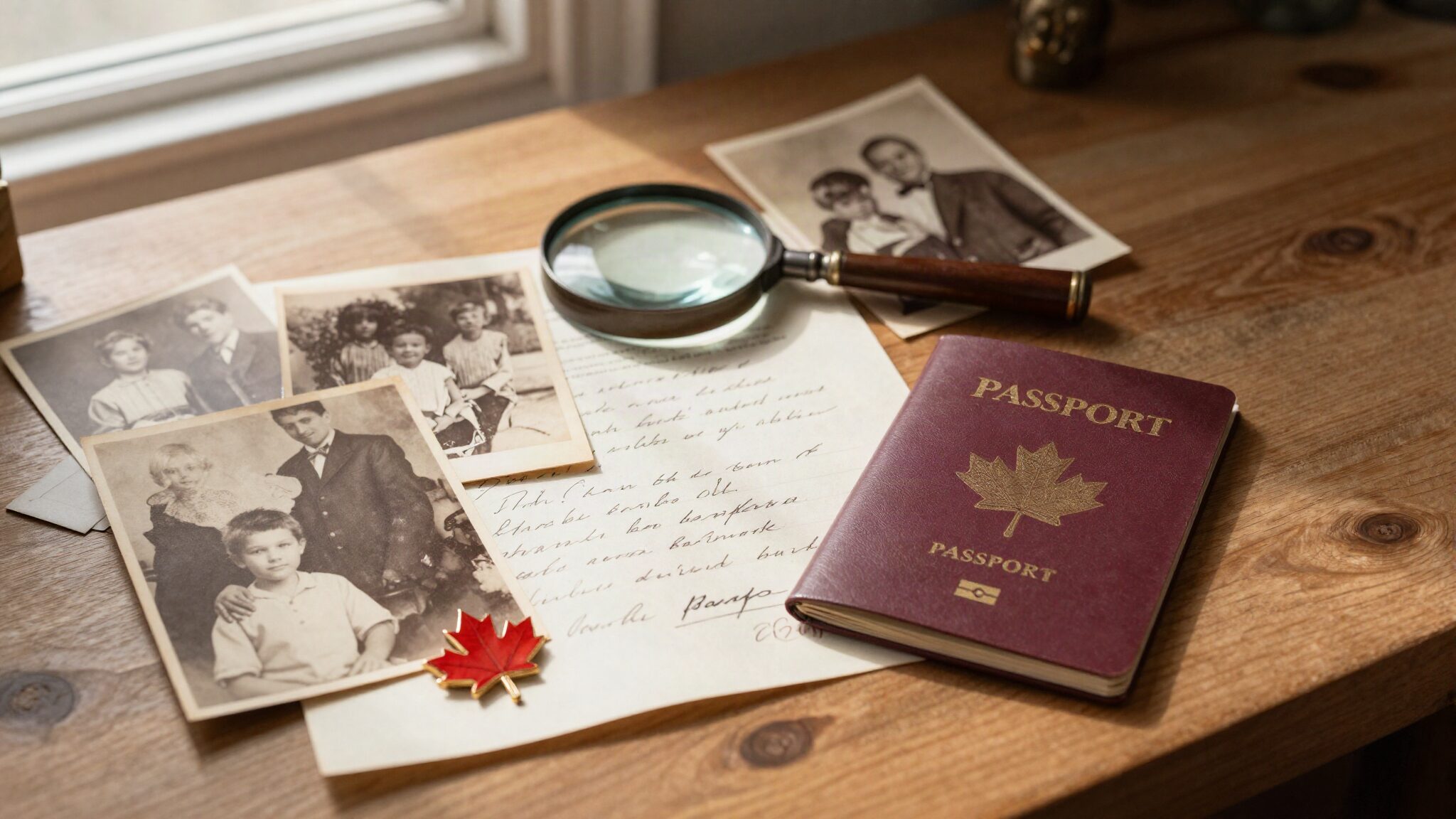 Vintage family photographs, an old passport and genealogy notes on a desk illustrating a Canadian citizenship by descent claim from the UK
