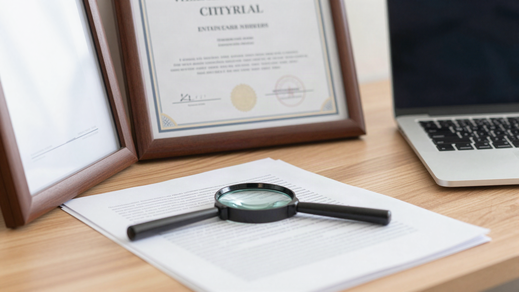 Office desk with a framed certificate and magnifying glass over documents representing verifying a Canada immigration consultant