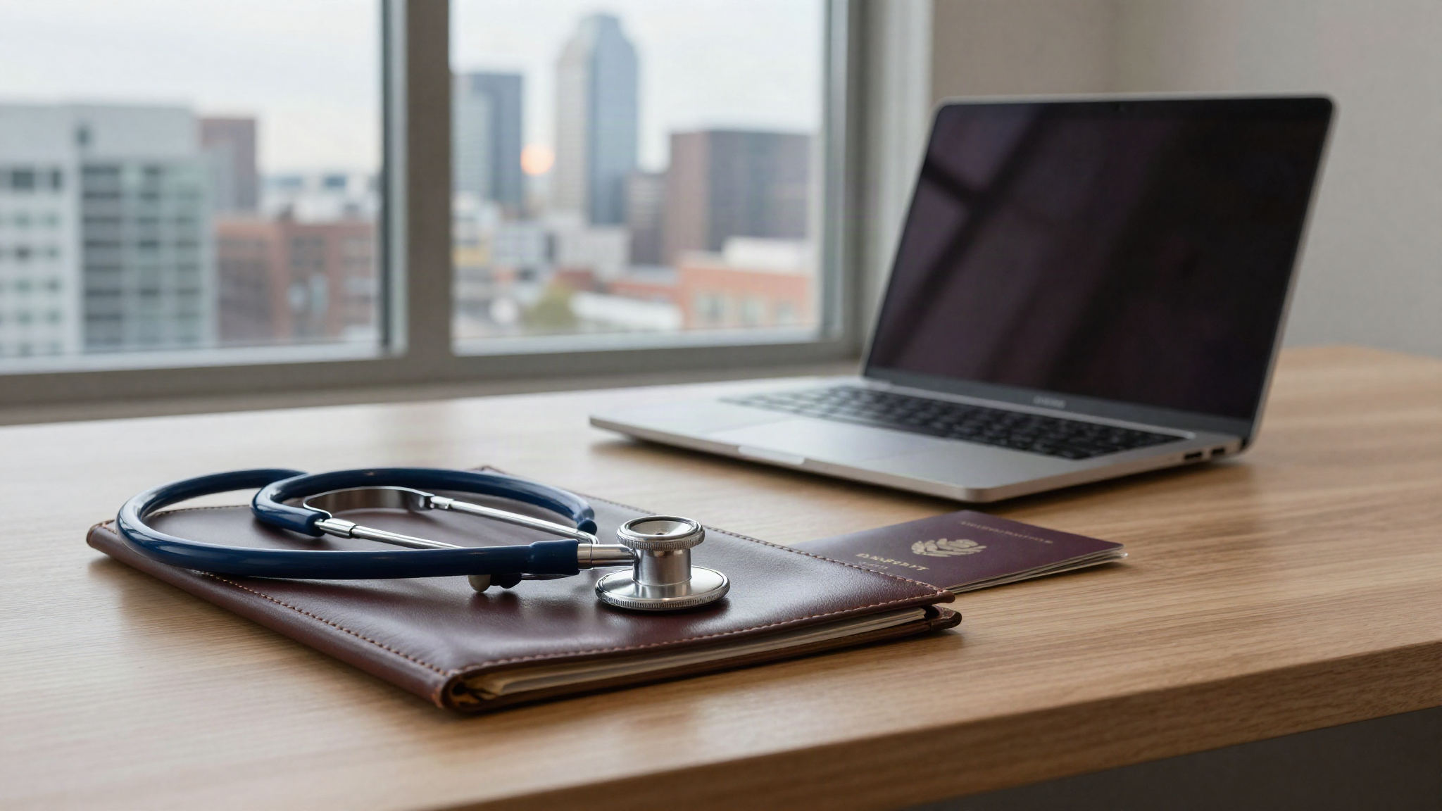 Stethoscope, passport and documents on a desk overlooking a Canadian city skyline, illustrating doctors in Canada salary and licensing for UK medics