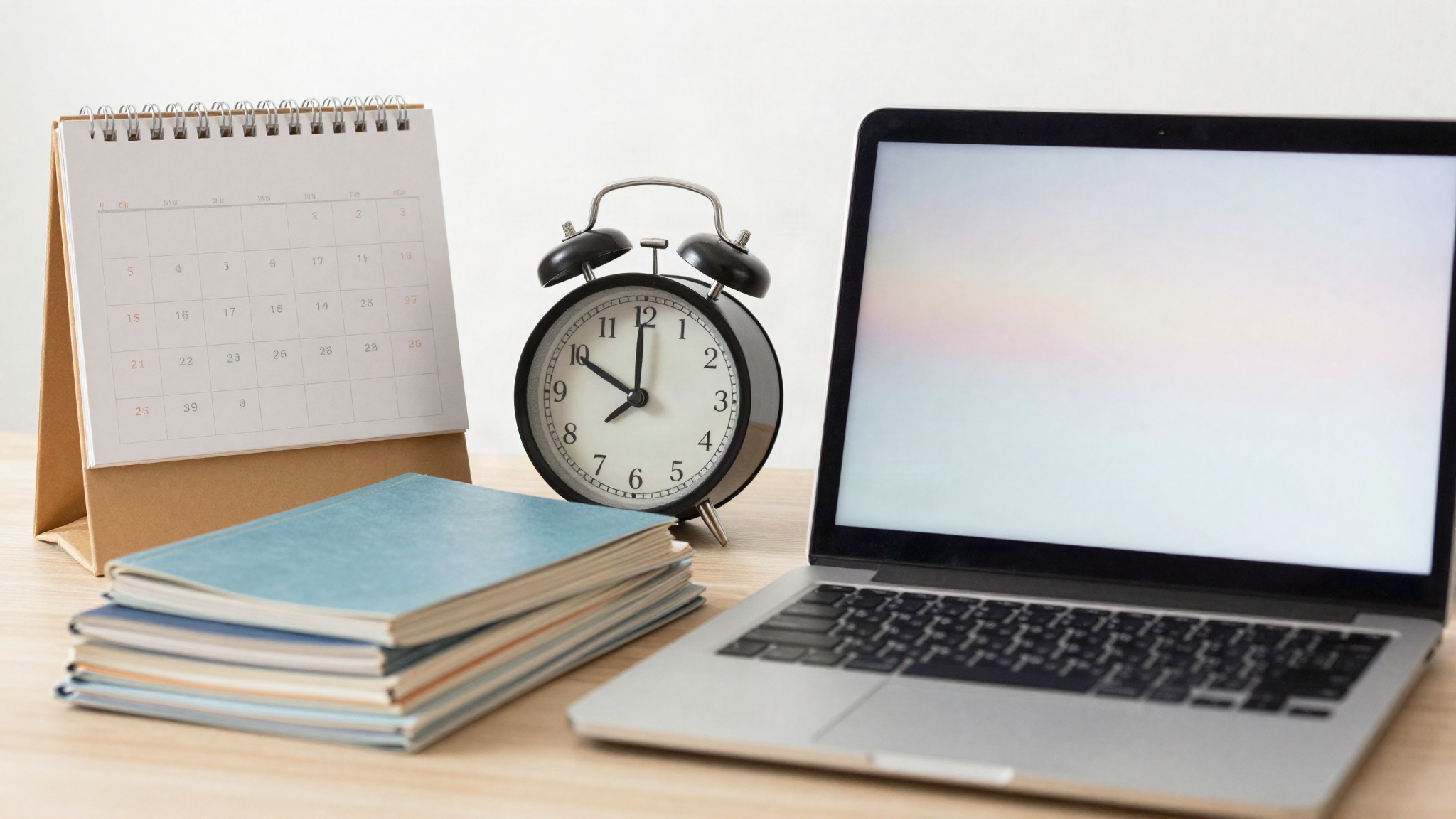 Desk calendar and clock beside travel documents representing IRCC processing times for UK applicants
