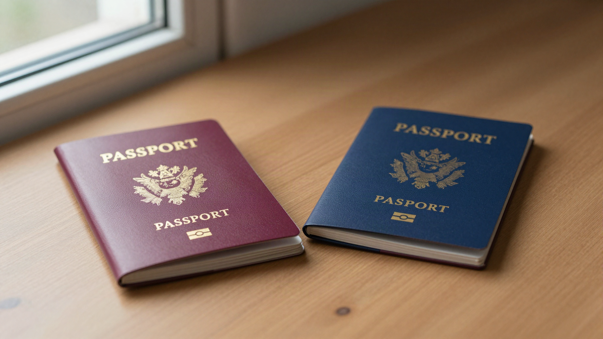 Two passport booklets side by side on a wooden desk representing renouncing UK citizenship and Canada UK dual nationality