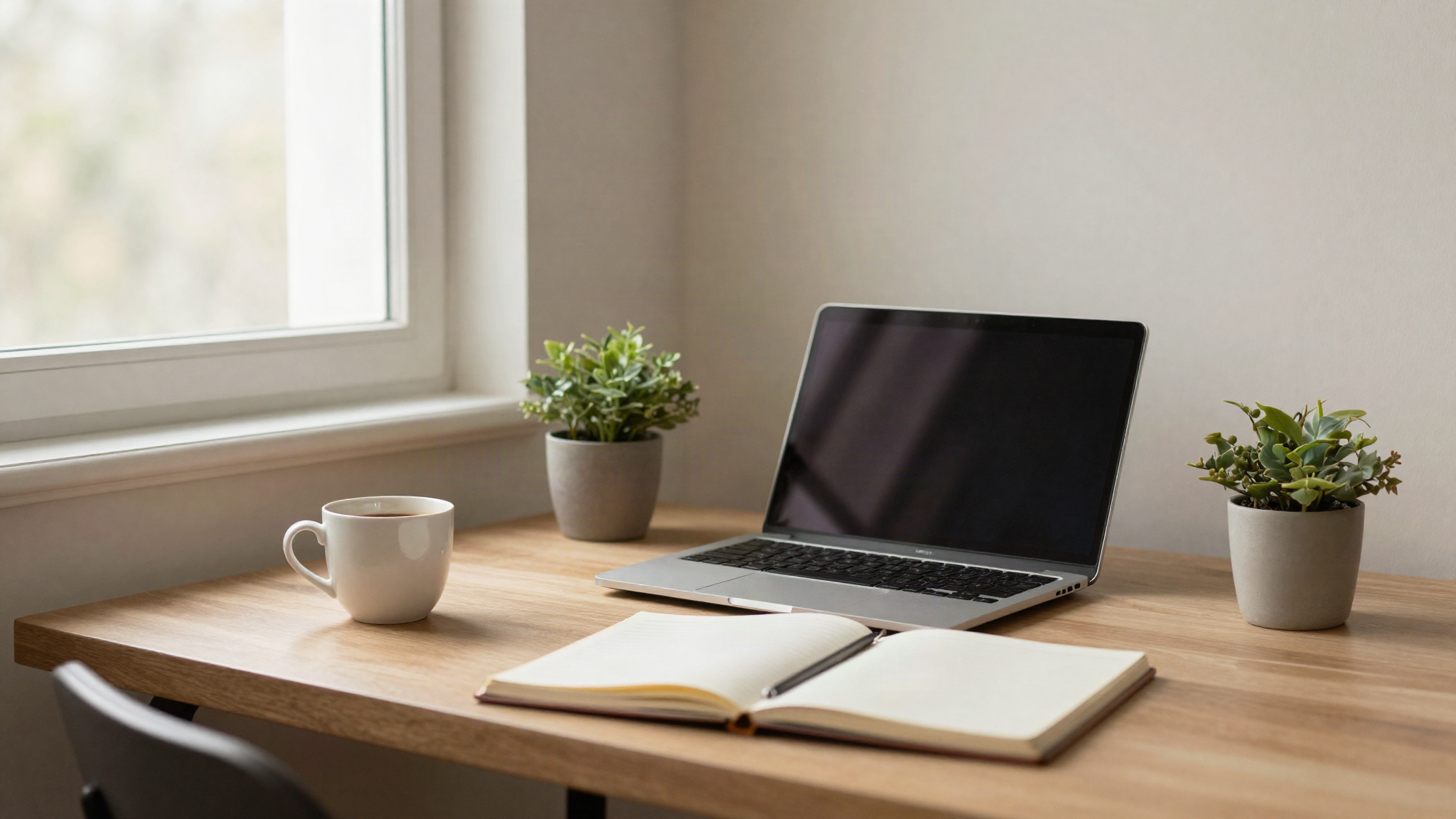Cozy home office desk with laptop and coffee representing the self-employed visa Canada route for UK freelancers