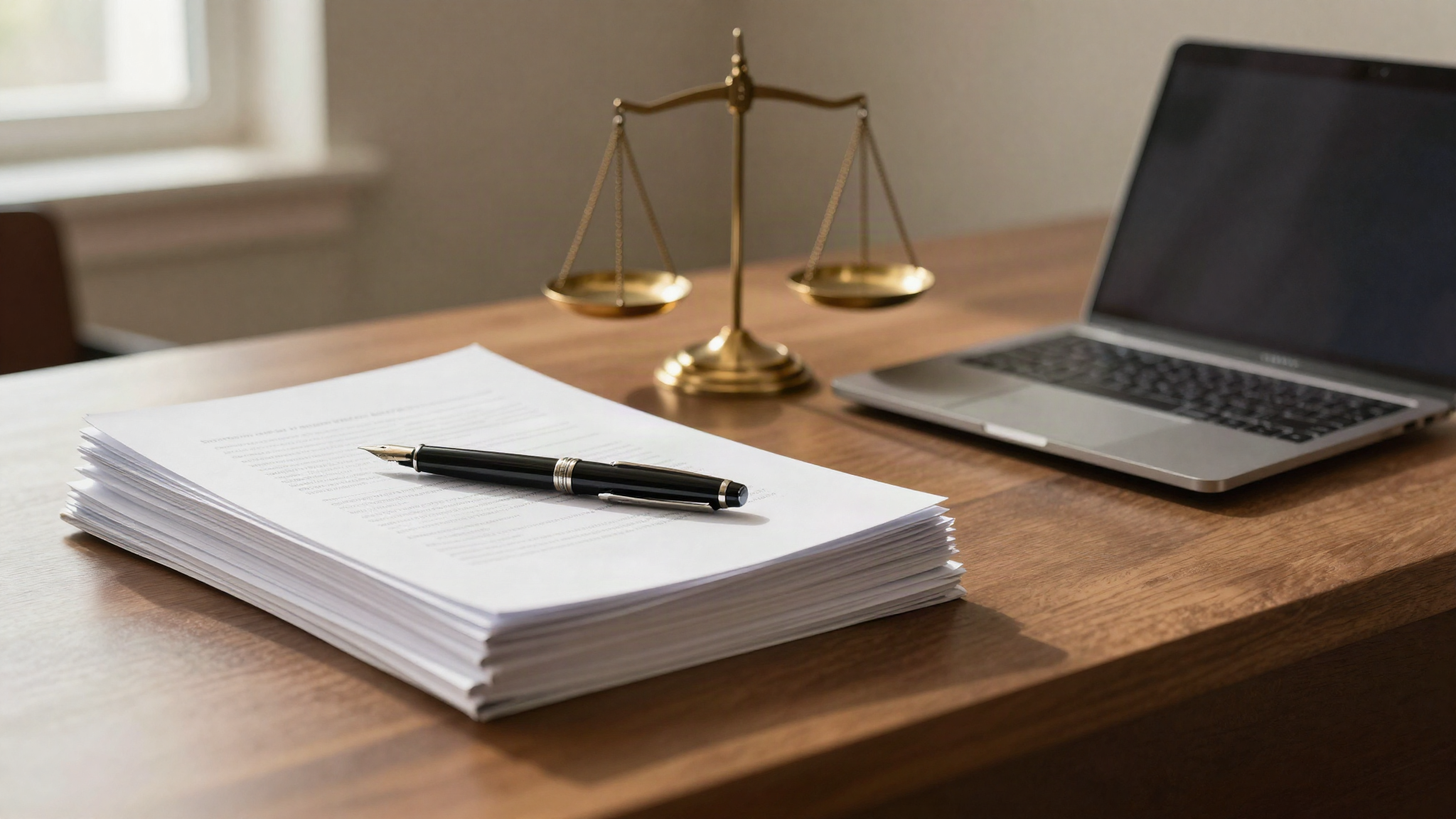 Law office desk with legal documents and scales of justice representing UK immigration lawyers in Canada