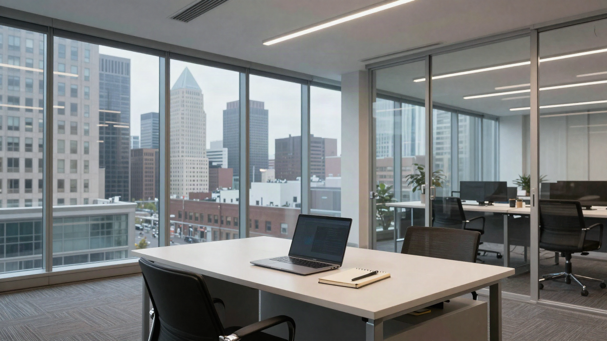 Modern Canadian office with a city skyline, illustrating the average salary in Canada for UK professionals