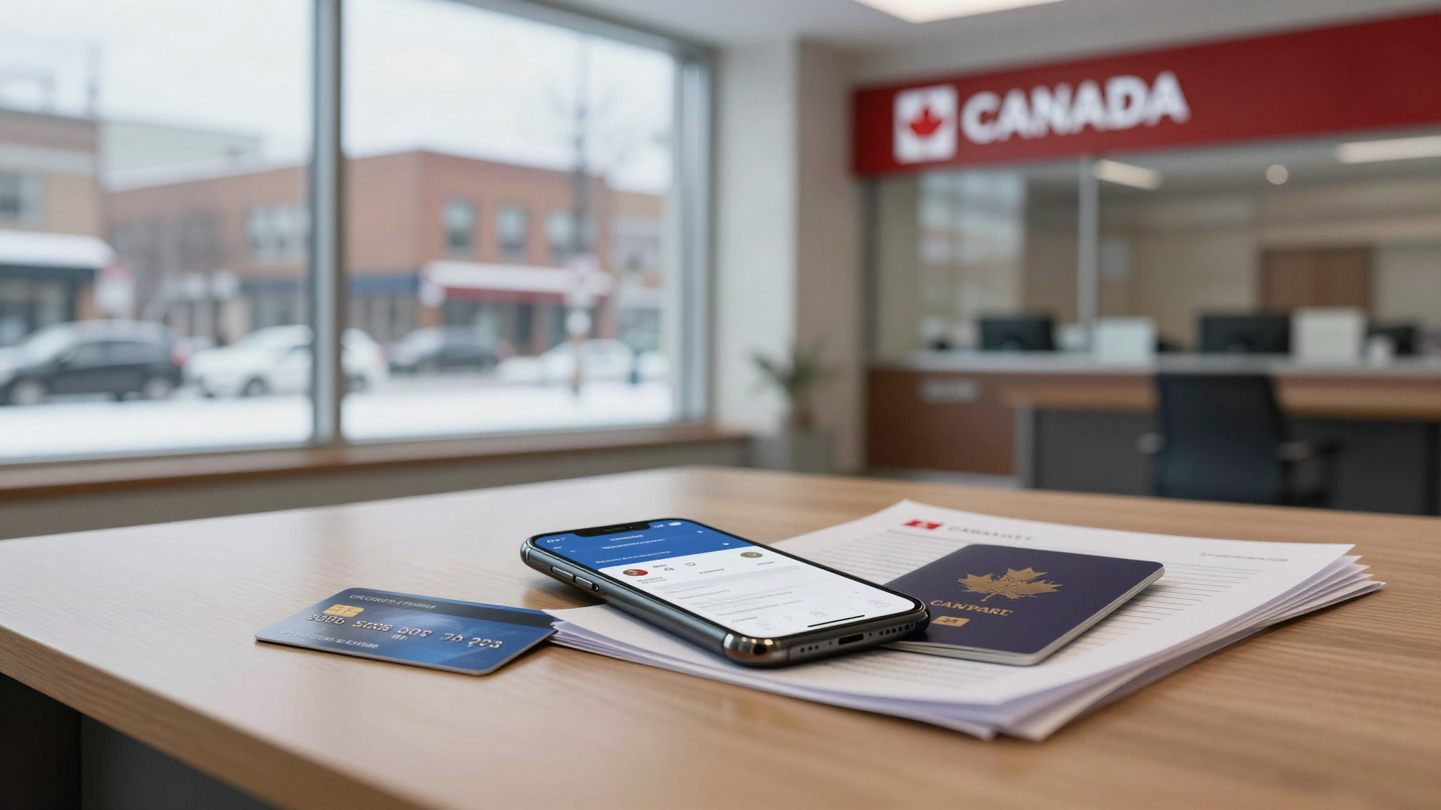 Best banks in Canada for UK newcomers - bank branch desk with debit card, passport and banking app