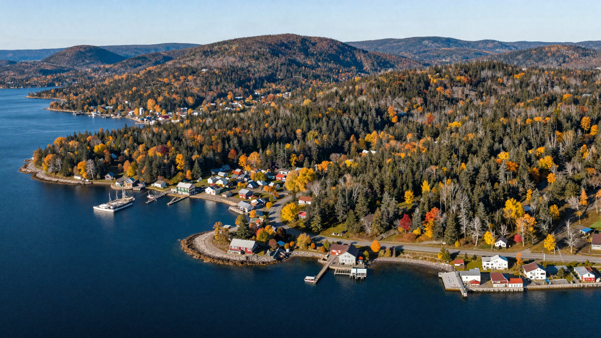 Aerial view of a Canadian coastline and harbour town, illustrating the best province to live in Canada