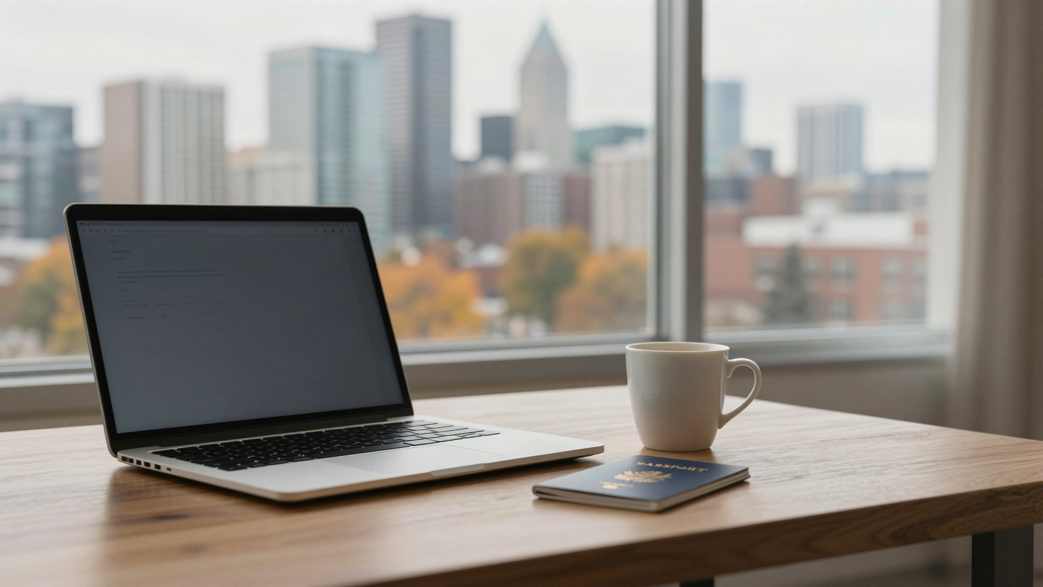 Canada digital nomad visa - laptop and passport by a window overlooking a Canadian city skyline